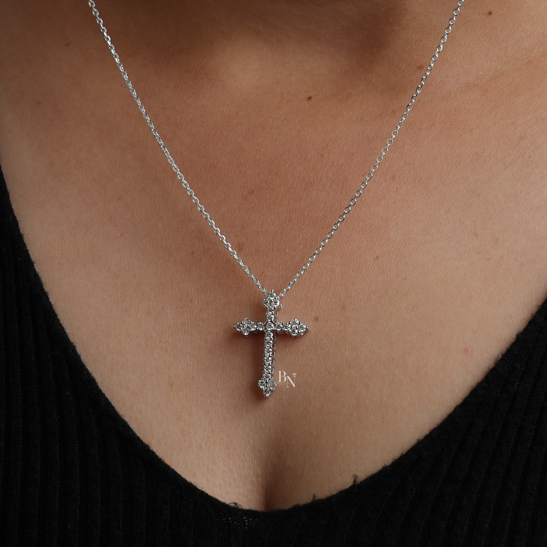 Lab Grown Diamond Cross Necklace, Dainty Round Cut Diamond Cross Pendant, White Gold Finish