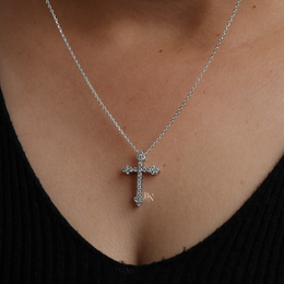 Lab Grown Diamond Cross Necklace, Dainty Round Cut Diamond Cross Pendant, White Gold Finish