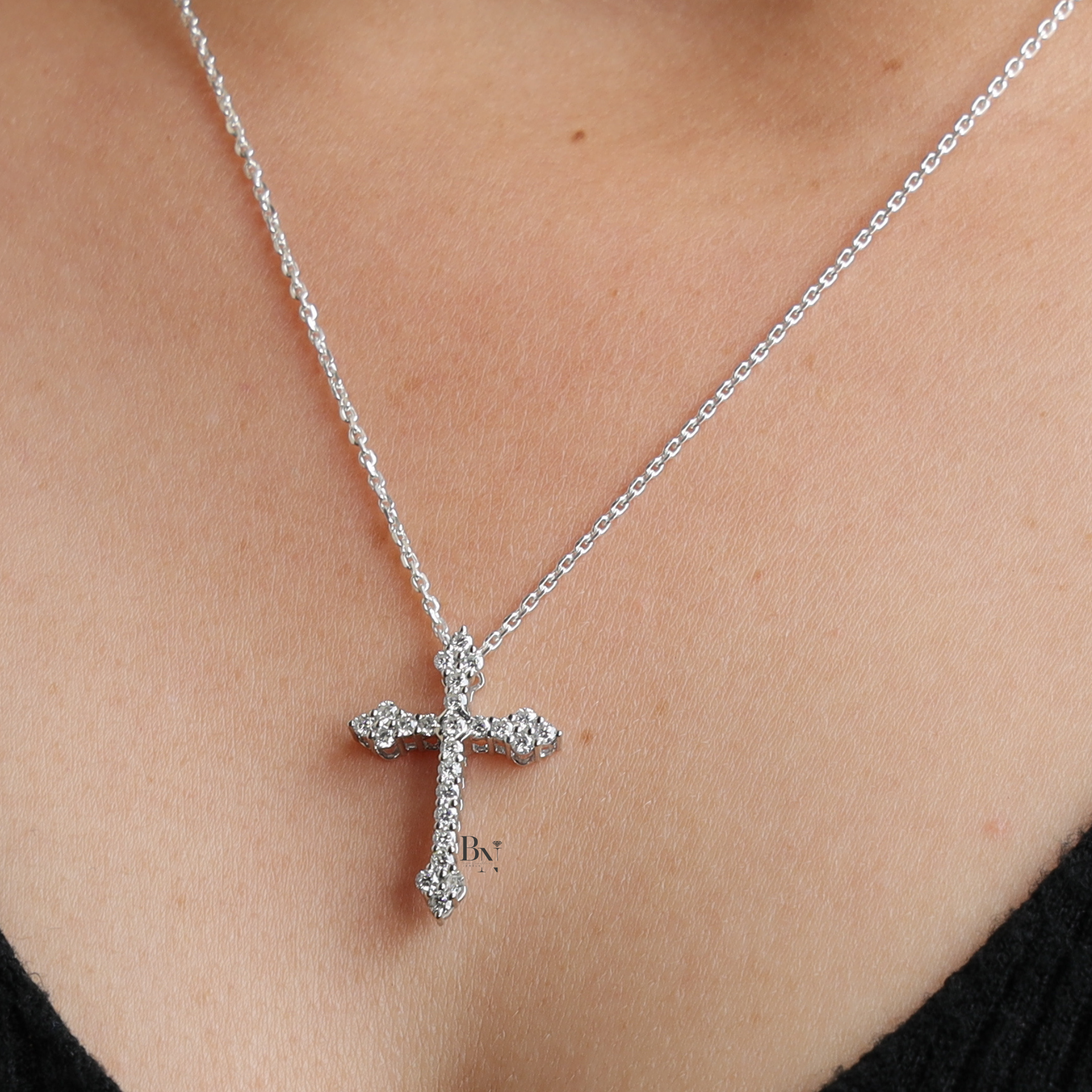 Lab Grown Diamond Cross Necklace, Dainty Round Cut Diamond Cross Pendant, White Gold Finish