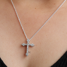 Lab Grown Diamond Cross Necklace, Dainty Round Cut Diamond Cross Pendant, White Gold Finish