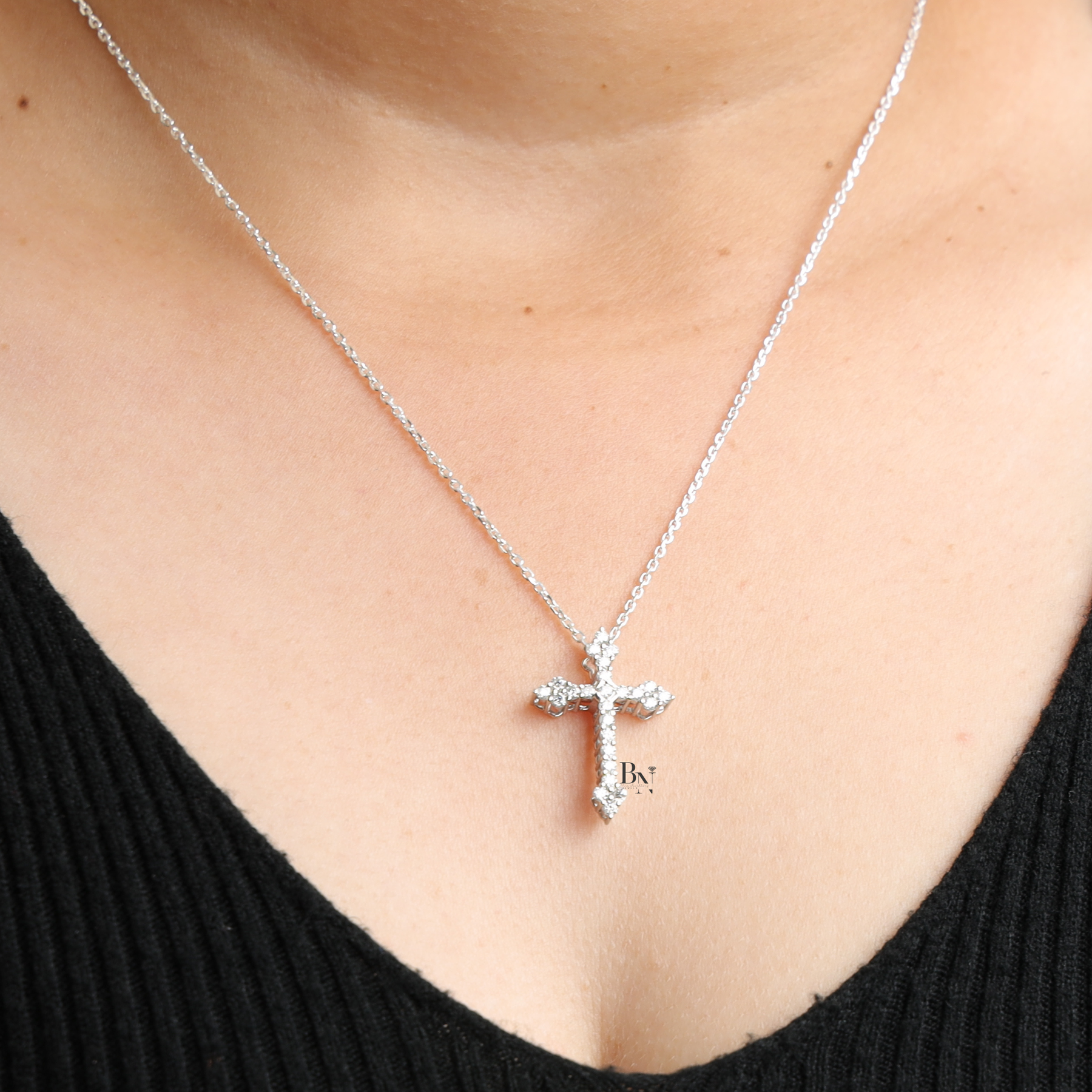 Lab Grown Diamond Cross Necklace, Dainty Round Cut Diamond Cross Pendant, White Gold Finish