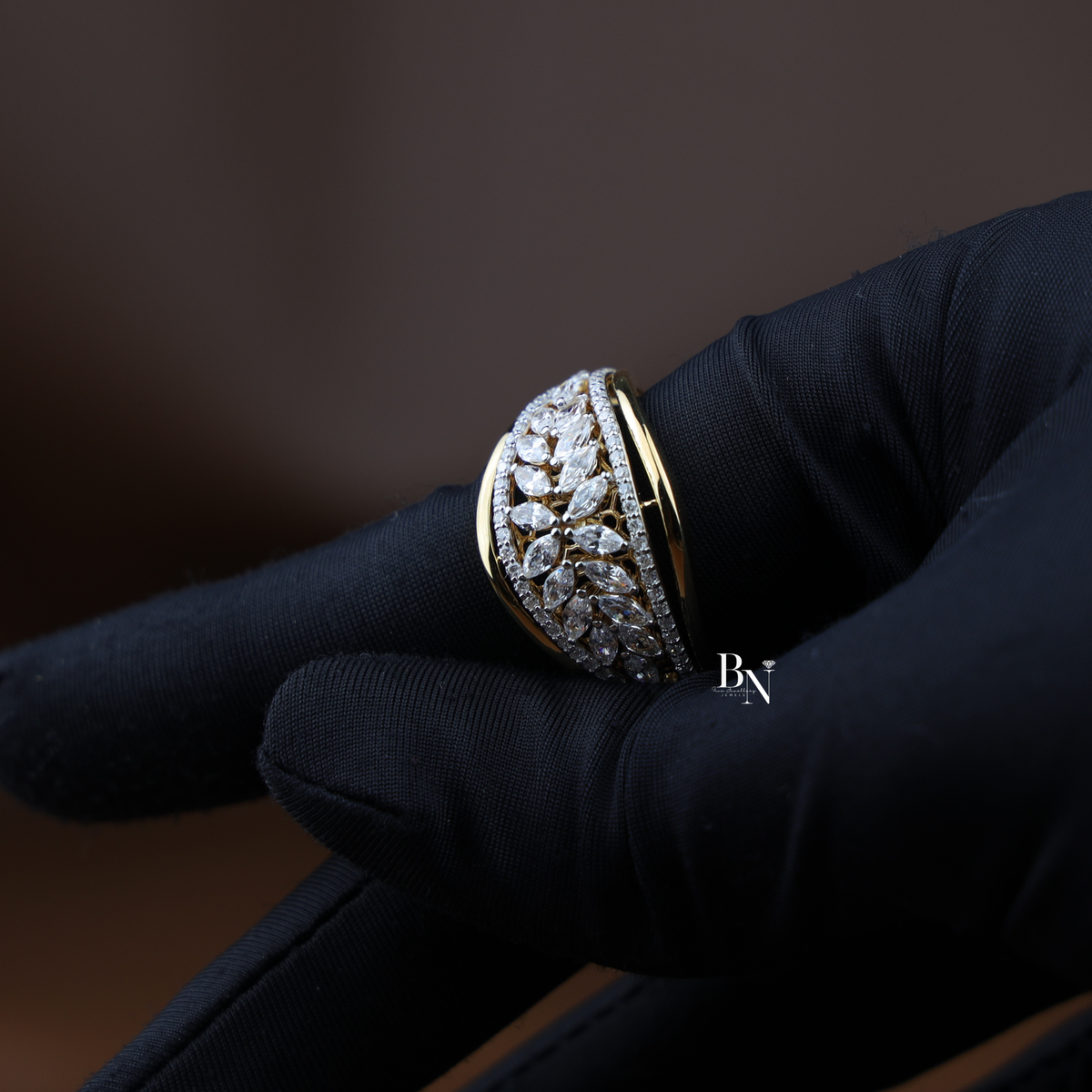 Lab Grown Diamond Statement Ring, Wide Marquise Floral Cluster Ring, Yellow Gold Cocktail Ring for Women