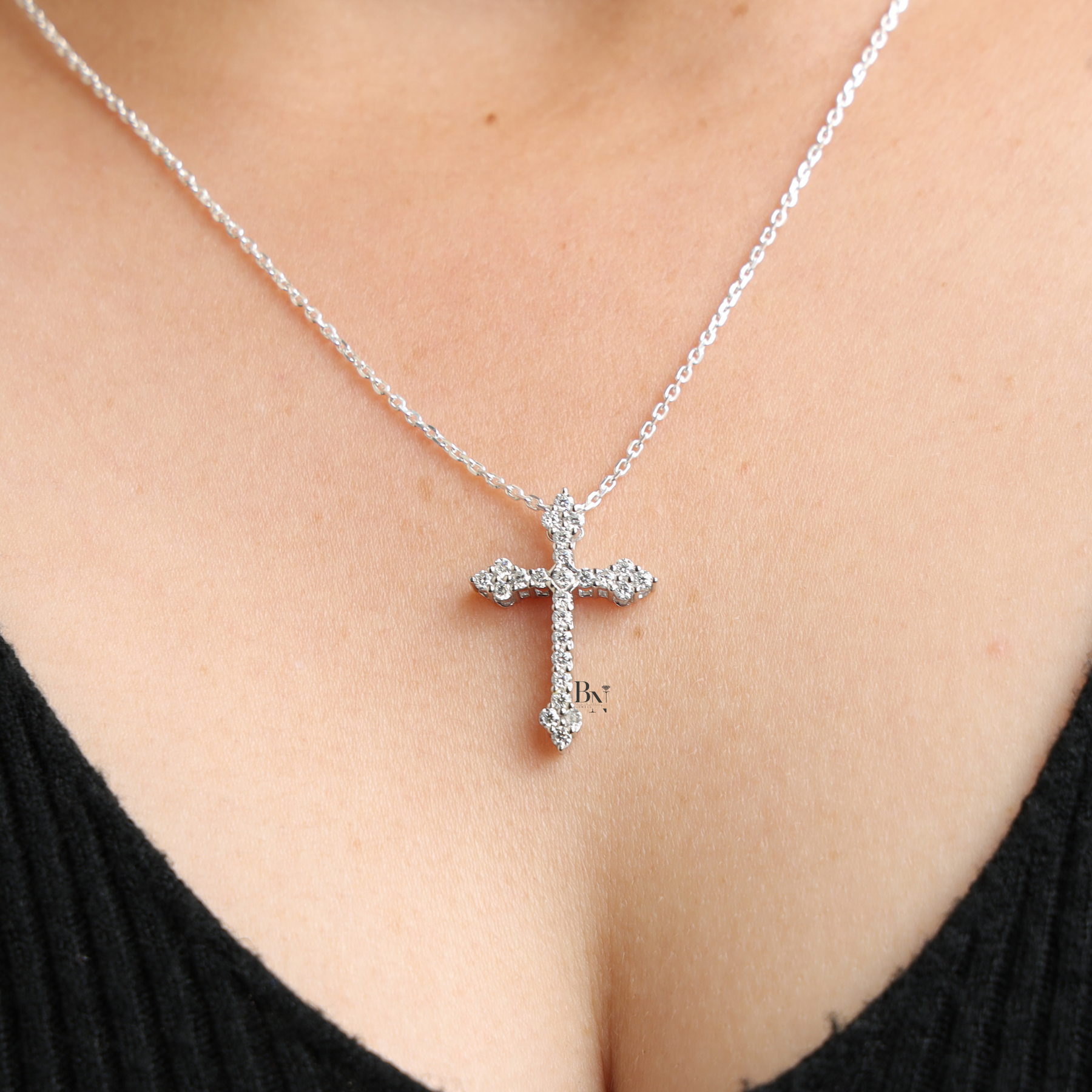 Lab Grown Diamond Cross Necklace, Dainty Round Cut Diamond Cross Pendant, White Gold Finish