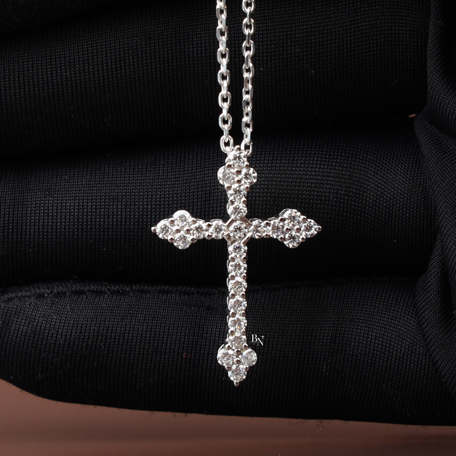 Lab Grown Diamond Cross Necklace, Dainty Round Cut Diamond Cross Pendant, White Gold Finish