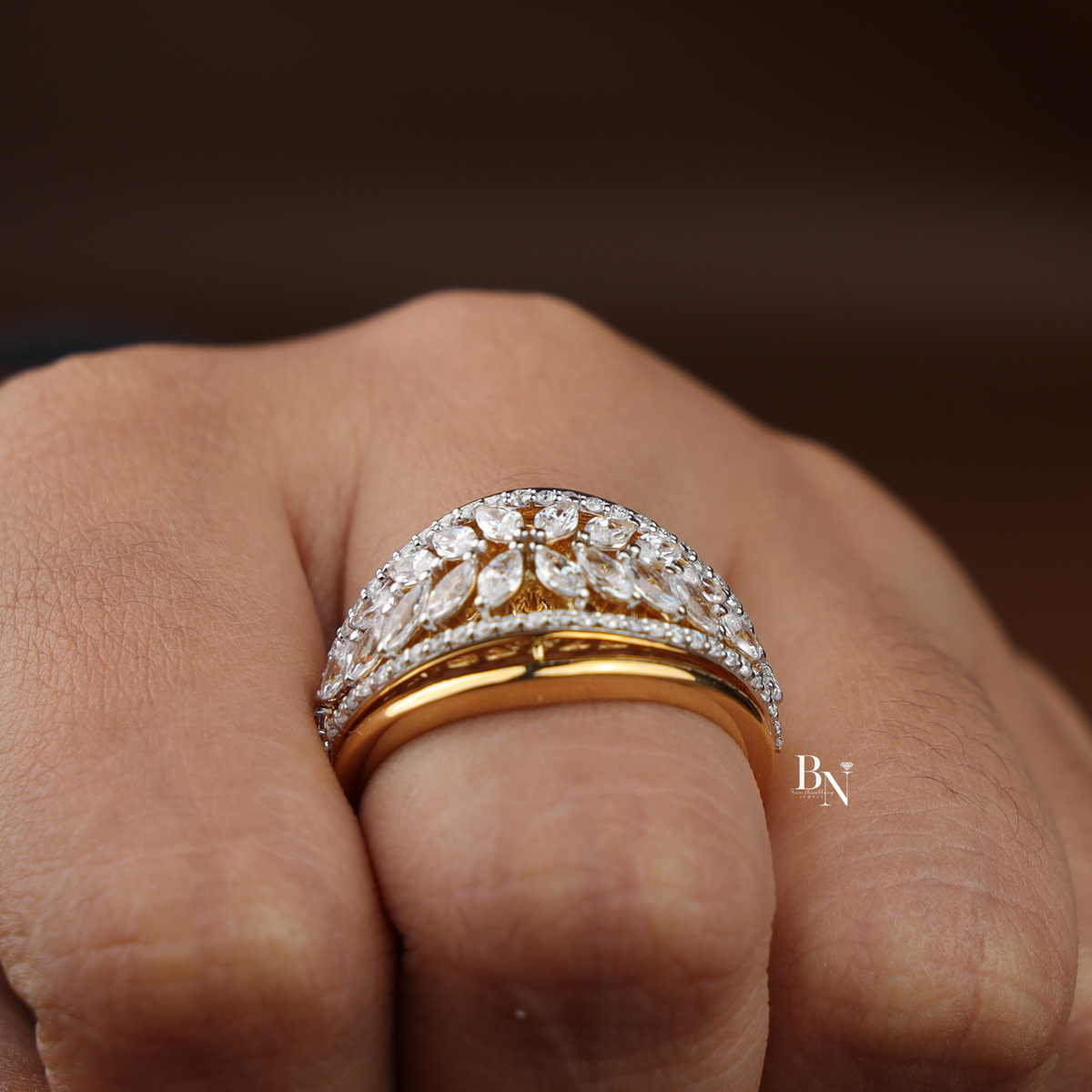 Lab Grown Diamond Statement Ring, Wide Marquise Floral Cluster Ring, Yellow Gold Cocktail Ring for Women