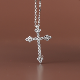 Lab Grown Diamond Cross Necklace, Dainty Round Cut Diamond Cross Pendant, White Gold Finish