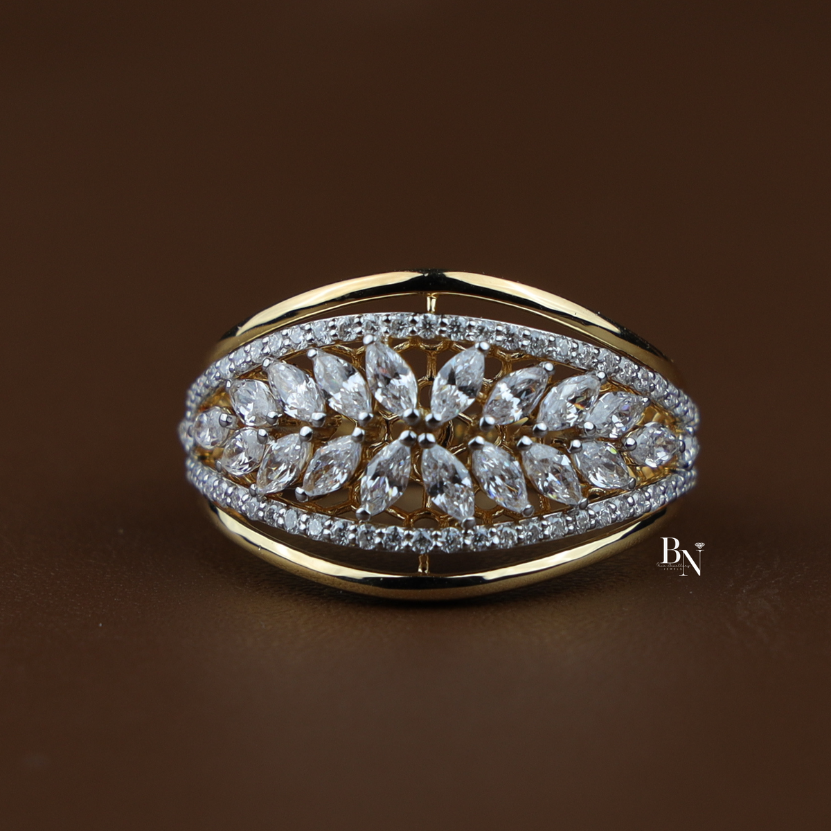 Lab Grown Diamond Statement Ring, Wide Marquise Floral Cluster Ring, Yellow Gold Cocktail Ring for Women