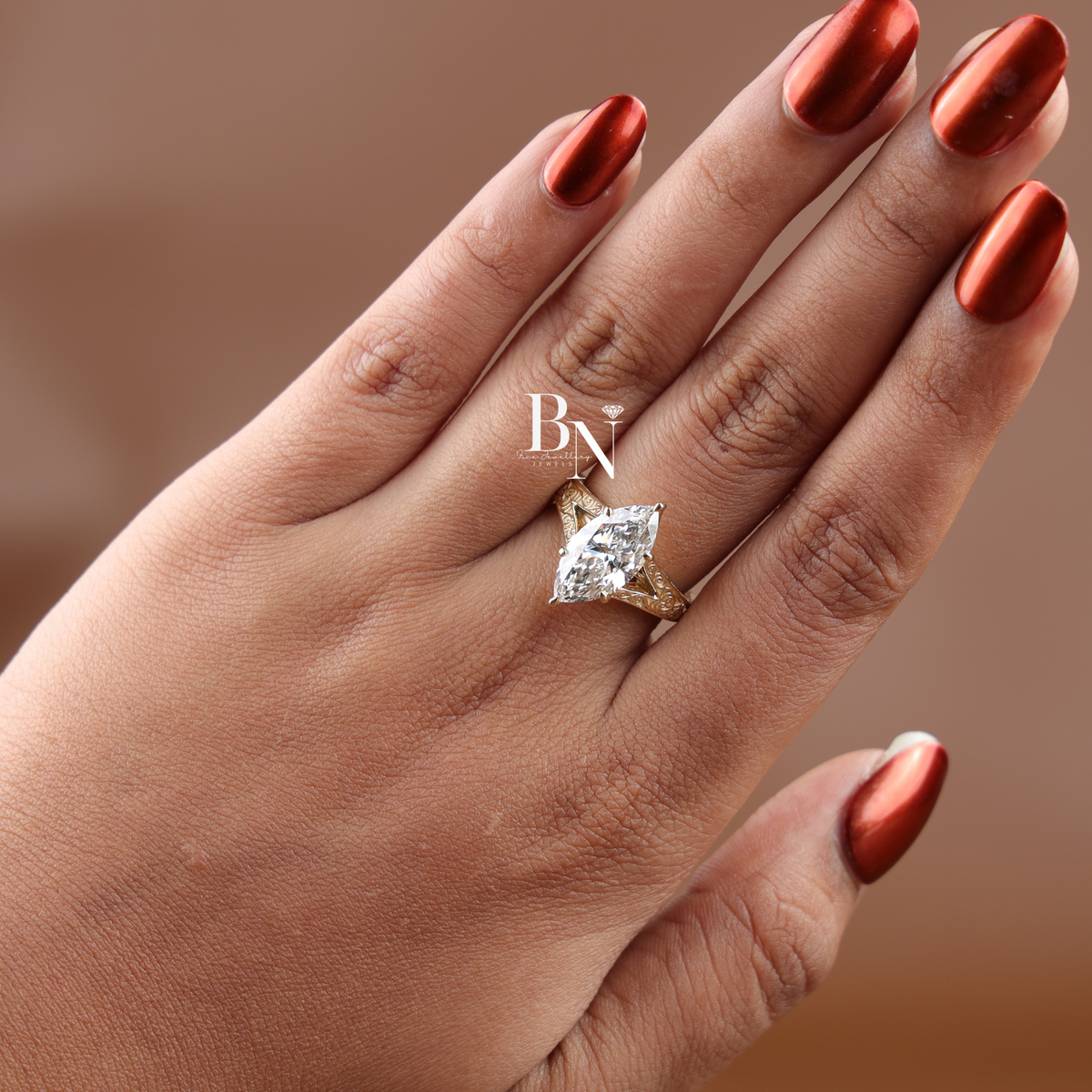3ct Marquise Cut Lab Grown Diamond Engagement Ring, Vintage Filigree Yellow Gold Solitaire Ring