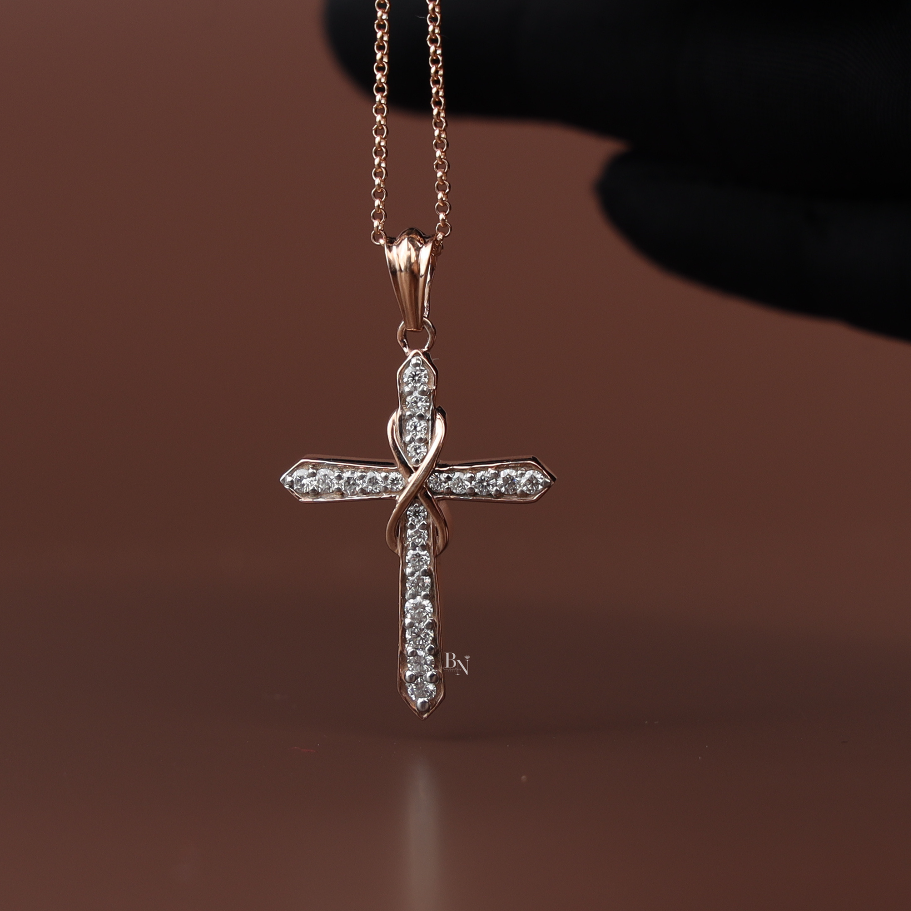 Lab Grown Diamond Cross Necklace, Dainty Rose Gold Cross Pendant, Round Cut Pave Diamond