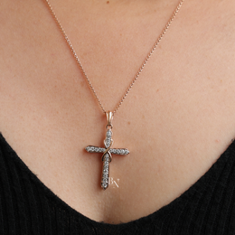 Lab Grown Diamond Cross Necklace, Dainty Rose Gold Cross Pendant, Round Cut Pave Diamond