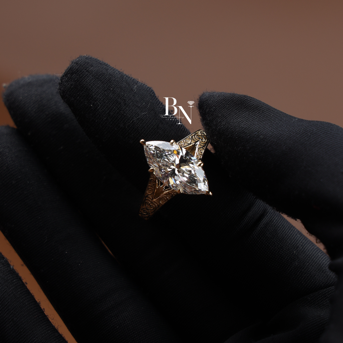 3ct Marquise Cut Lab Grown Diamond Engagement Ring, Vintage Filigree Yellow Gold Solitaire Ring