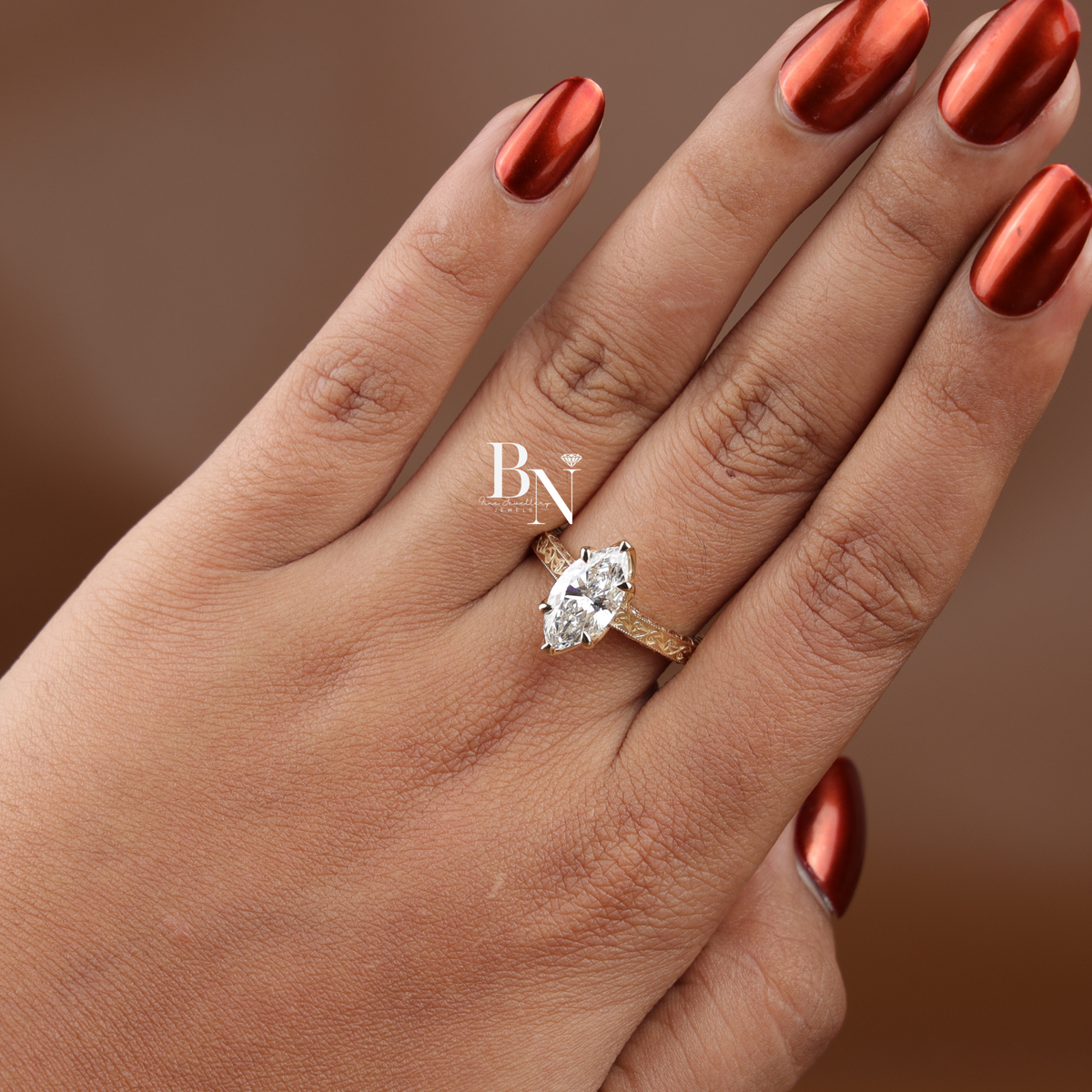 2 Carat Marquise Lab Grown Diamond Ring, Vintage Inspired Filigree Engagement Ring