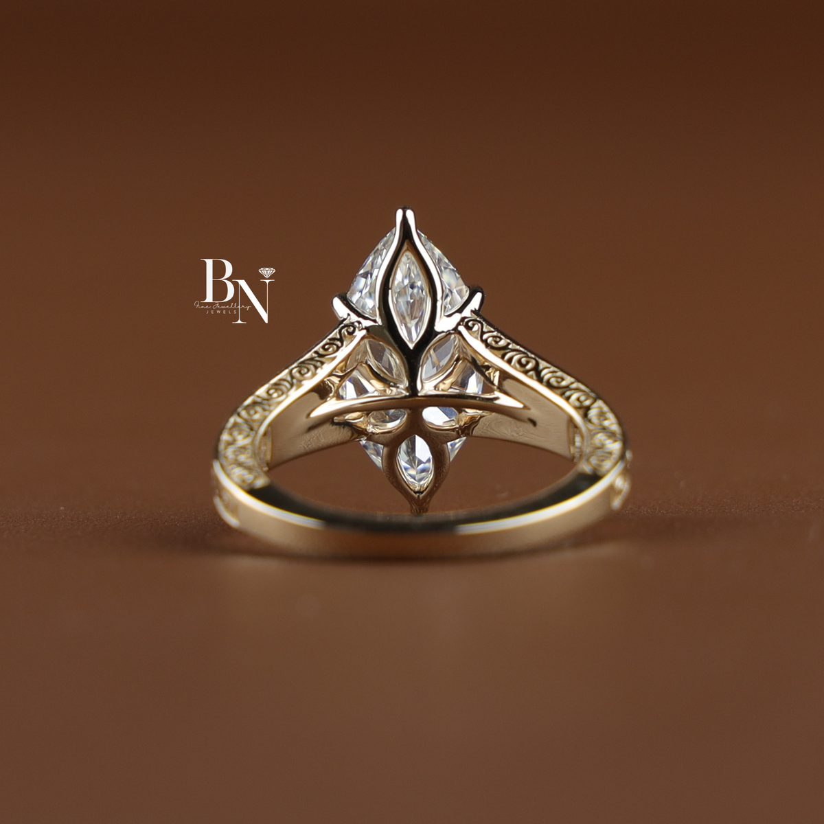 3ct Marquise Cut Lab Grown Diamond Engagement Ring, Vintage Filigree Yellow Gold Solitaire Ring