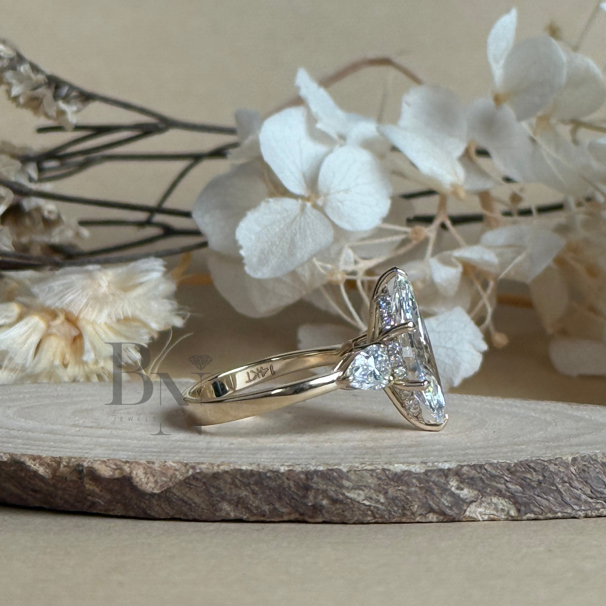 3ct Marquise Lab Grown Diamond Engagement Ring | Hidden Halo | 14K Gold Three Stone Pear Side | Type IIa IGI Certified