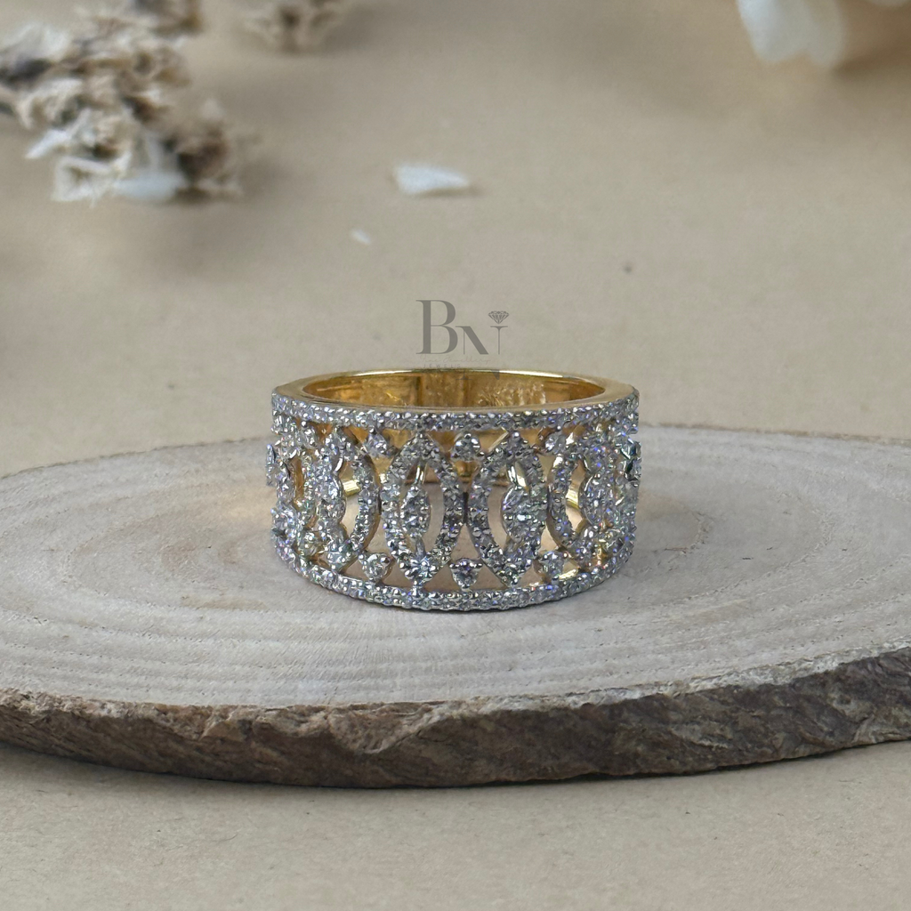 Marquise & Round Lab Grown Diamond Wedding Band | Wide Art Deco Filigree Ring | 14K Yellow Gold Pavé Statement Band | IGI Certified Jewelry