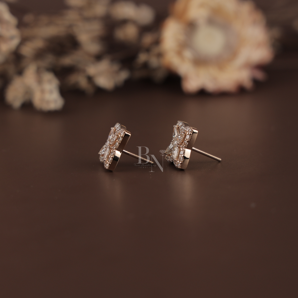 1.75 CTW Flower Lab Grown Diamond Stud Earrings | Pear & Round Cluster Halo Studs | 14K Rose Gold Sparkle Earrings | Unique Wedding Gift | Handmade