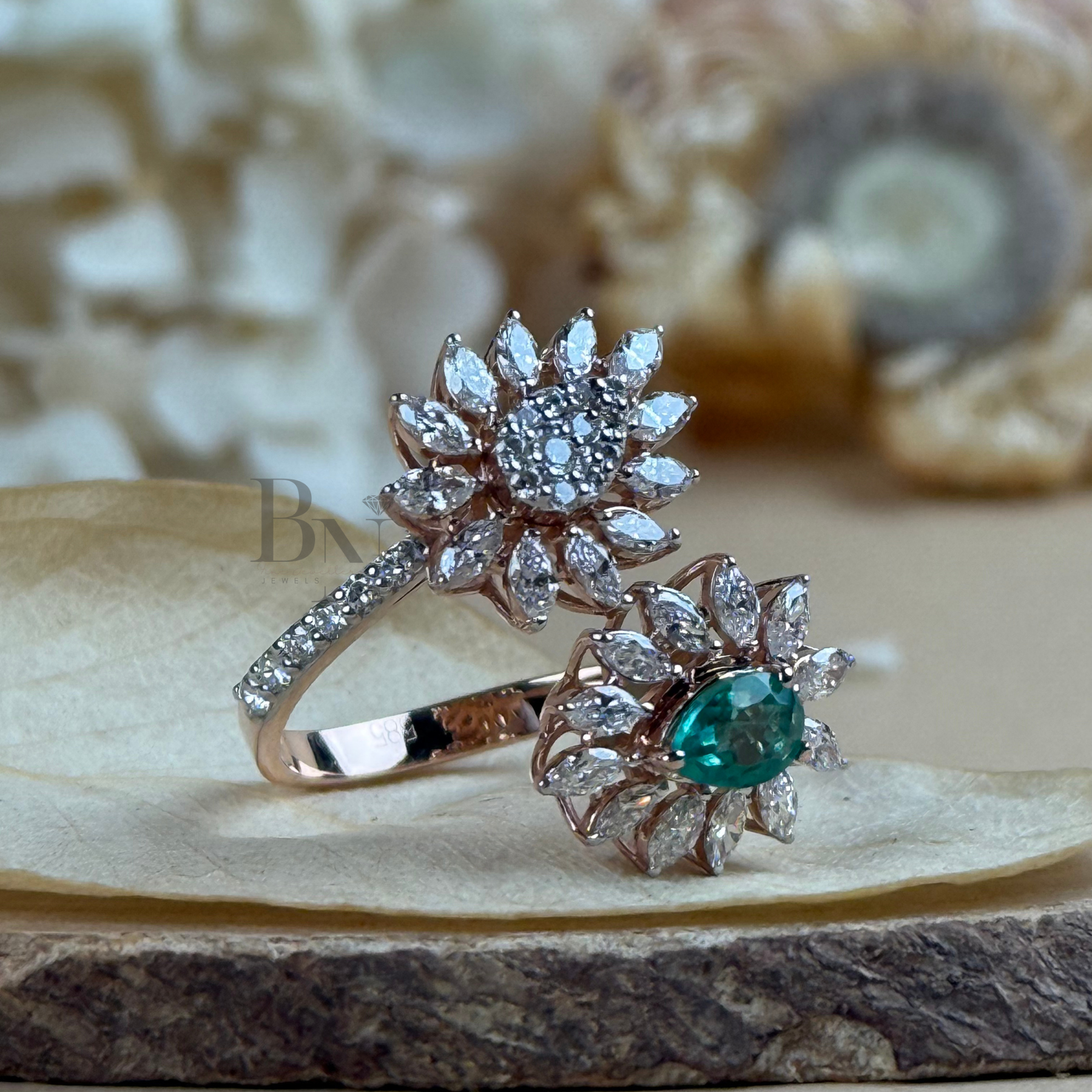 0.50ct Pear Green Emerald Lab Grown Diamond Toi et Moi Ring | Floral Cluster Two Stone 14K Rose Gold