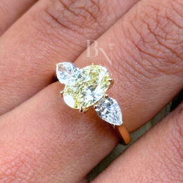 1.8ct Fancy Yellow Oval Lab Grown Diamond Engagement Ring | Pear Side Stones Three Stone 14K Gold