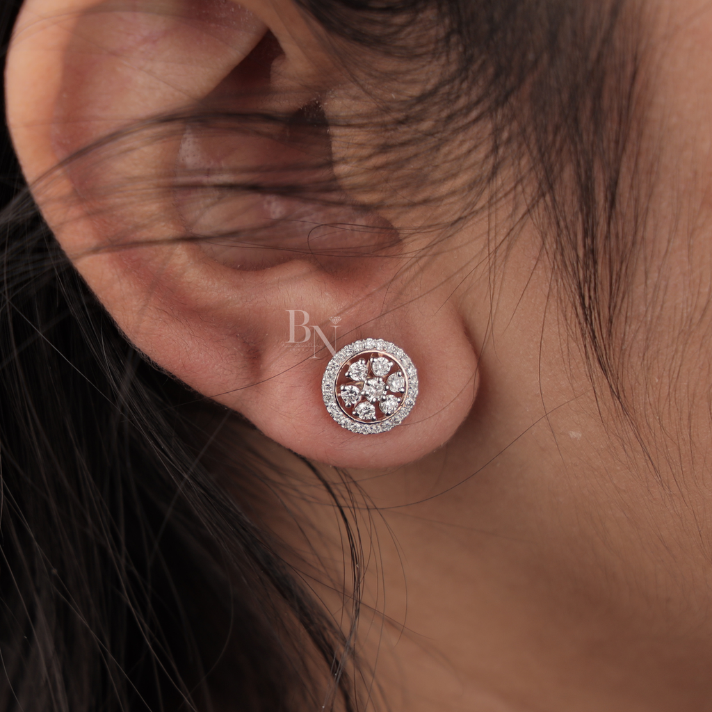 0.45ctw Lab Grown Diamond Halo Stud Earrings | 14K Rose Gold Floral Cluster Earrings | Round Brilliant Diamond Studs | IGI Certified Jewelry
