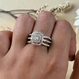 0.5ct Emerald Cut Lab Grown Diamond Engagement Ring | Double Halo Pavé Band 14K Yellow Gold