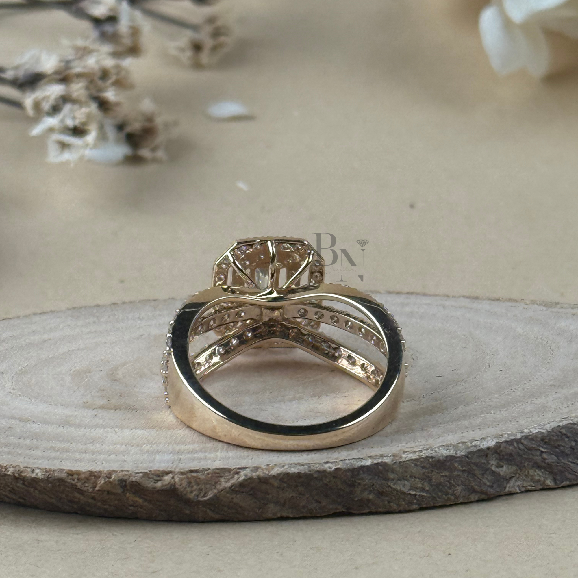 0.5ct Emerald Cut Lab Diamond Engagement Ring | Double Halo 14K Yellow Gold Pavé Band