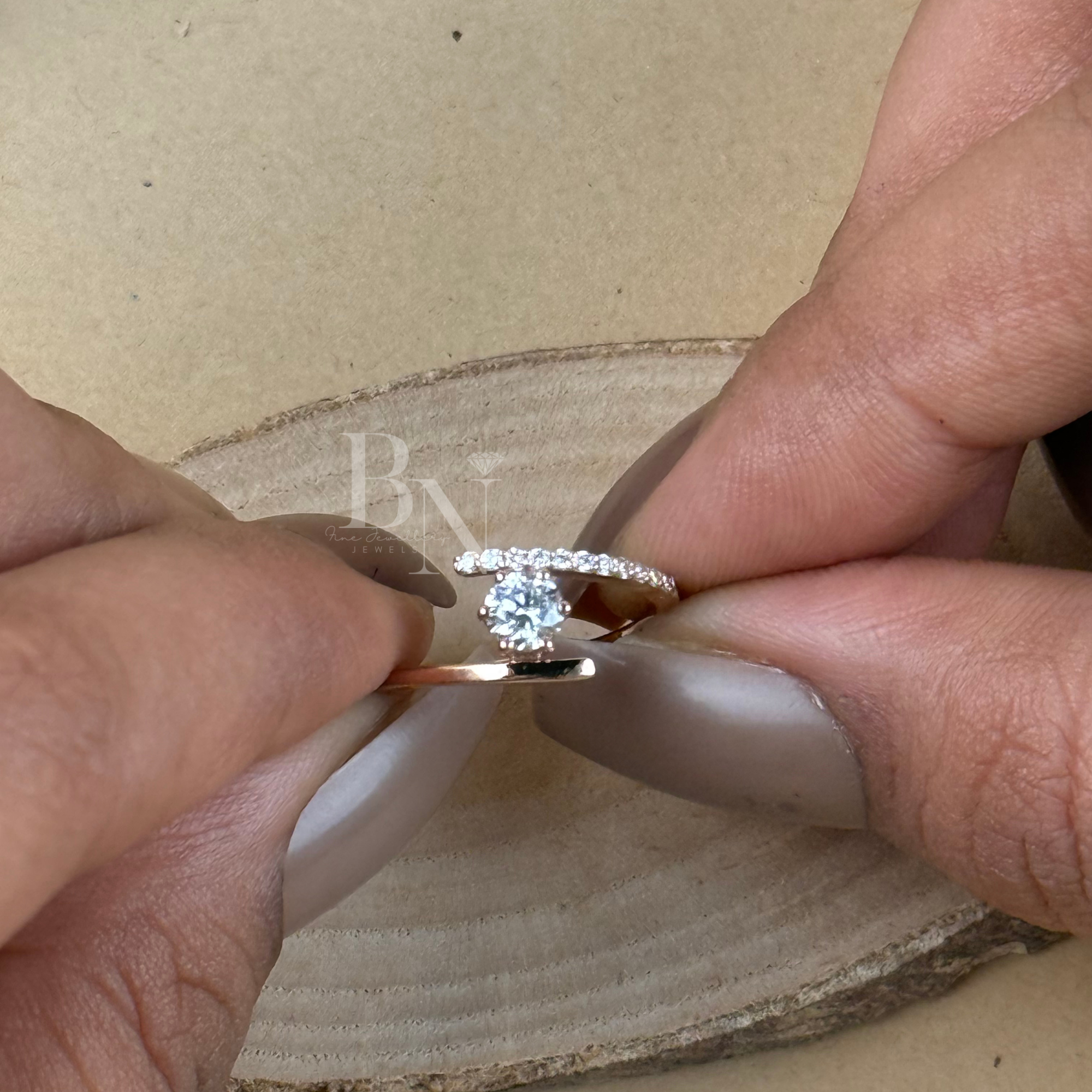 0.25ct Round Lab Grown Diamond Engagement Ring | 14K Rose Gold Bypass Tension Setting | Minimalist Floating Diamond Ring | Pave Bridal Band