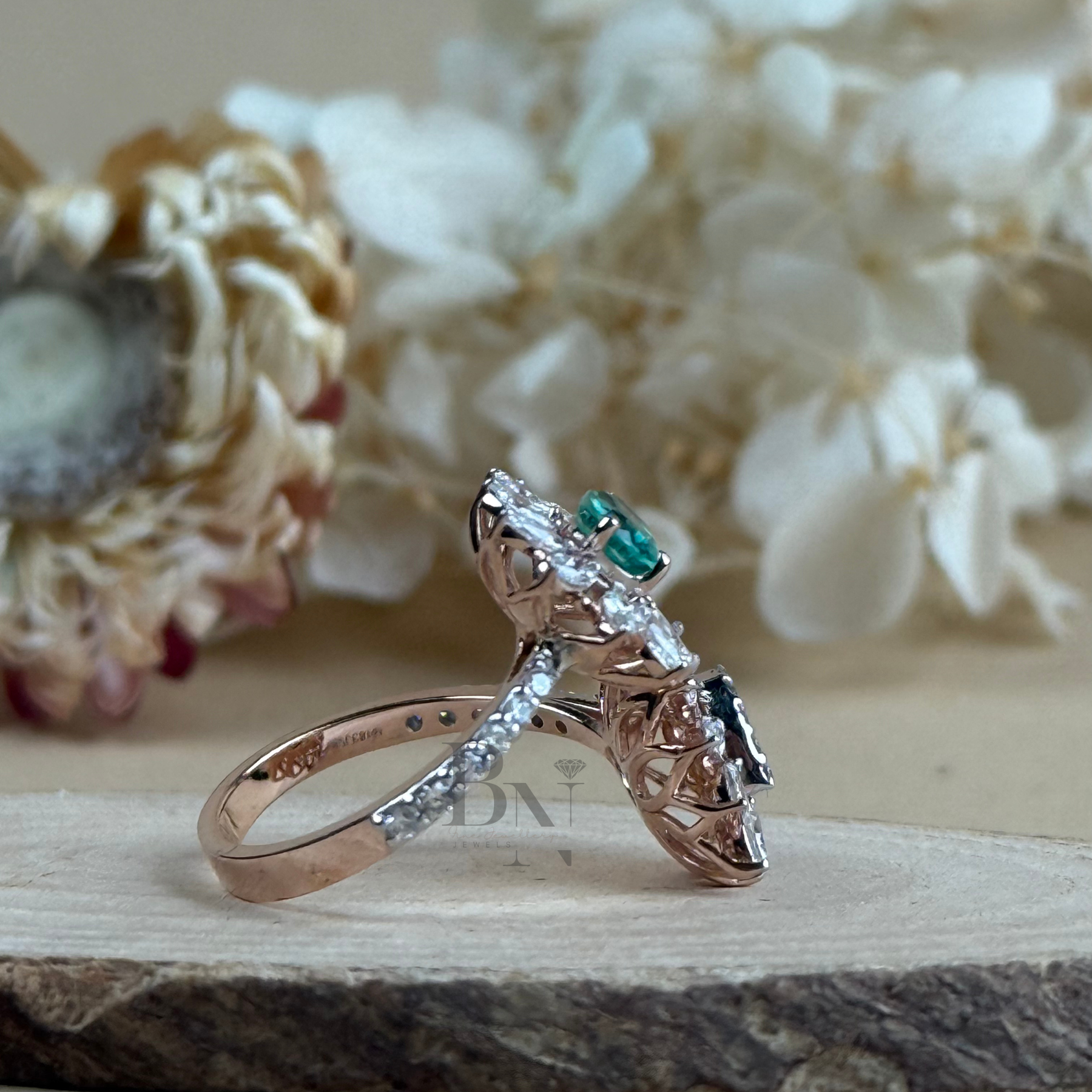0.50ct Pear Green Emerald Lab Grown Diamond Toi et Moi Ring | Floral Cluster Two Stone 14K Rose Gold