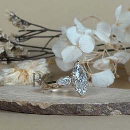 3ct Marquise Lab Grown Diamond Engagement Ring | Hidden Halo Three Stone Pear Side Stones 14K Gold