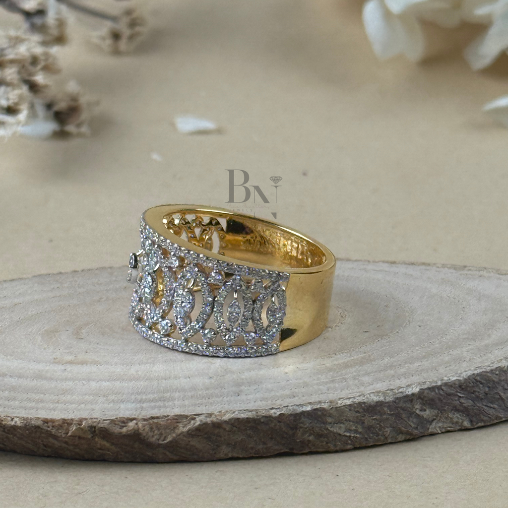 Marquise & Round Lab Grown Diamond Wedding Band | Wide Art Deco Filigree Ring | 14K Yellow Gold Pavé Statement Band | IGI Certified Jewelry