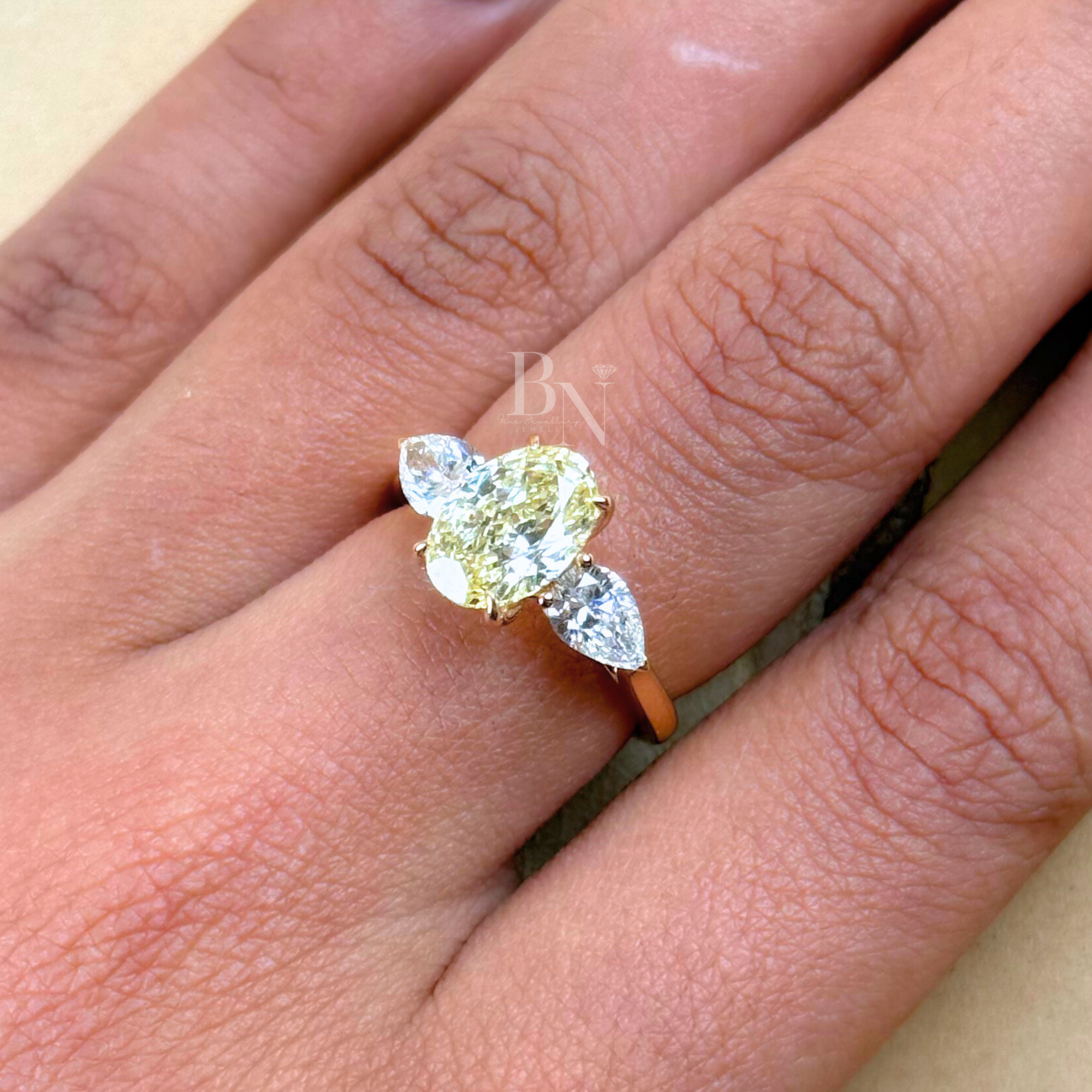 1.8ct Fancy Yellow Oval Lab Diamond Engagement Ring | Pear Side Stones | 14K Gold Three Stone Ring | IGI Certified Oval Cut Bridal Jewelry