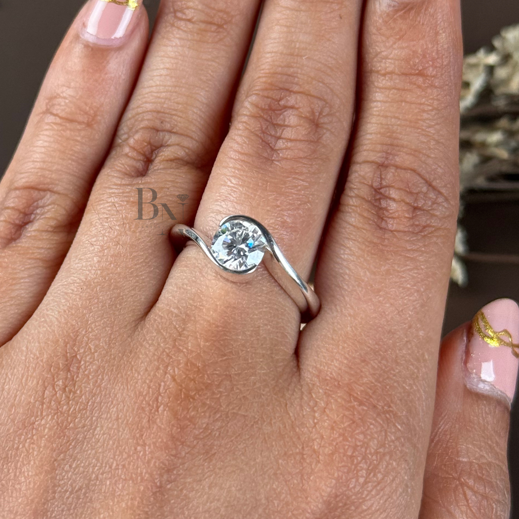 1.00ct Round Lab Grown Diamond Engagement Ring | Bypass Bezel Set Swirl Ring | 14K White Gold Tension Solitaire | IGI Certified Bridal Ring