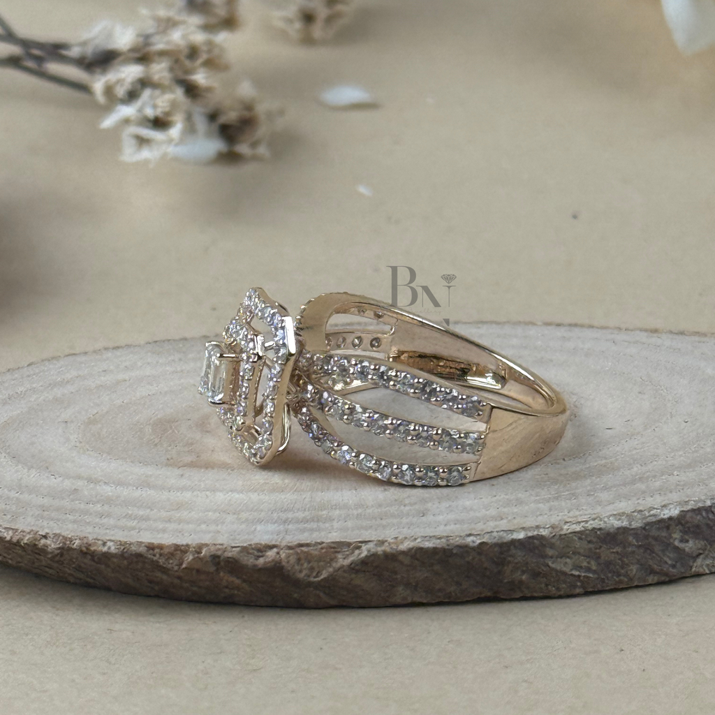 0.5ct Emerald Cut Lab Diamond Engagement Ring | Double Halo 14K Yellow Gold Pavé Band