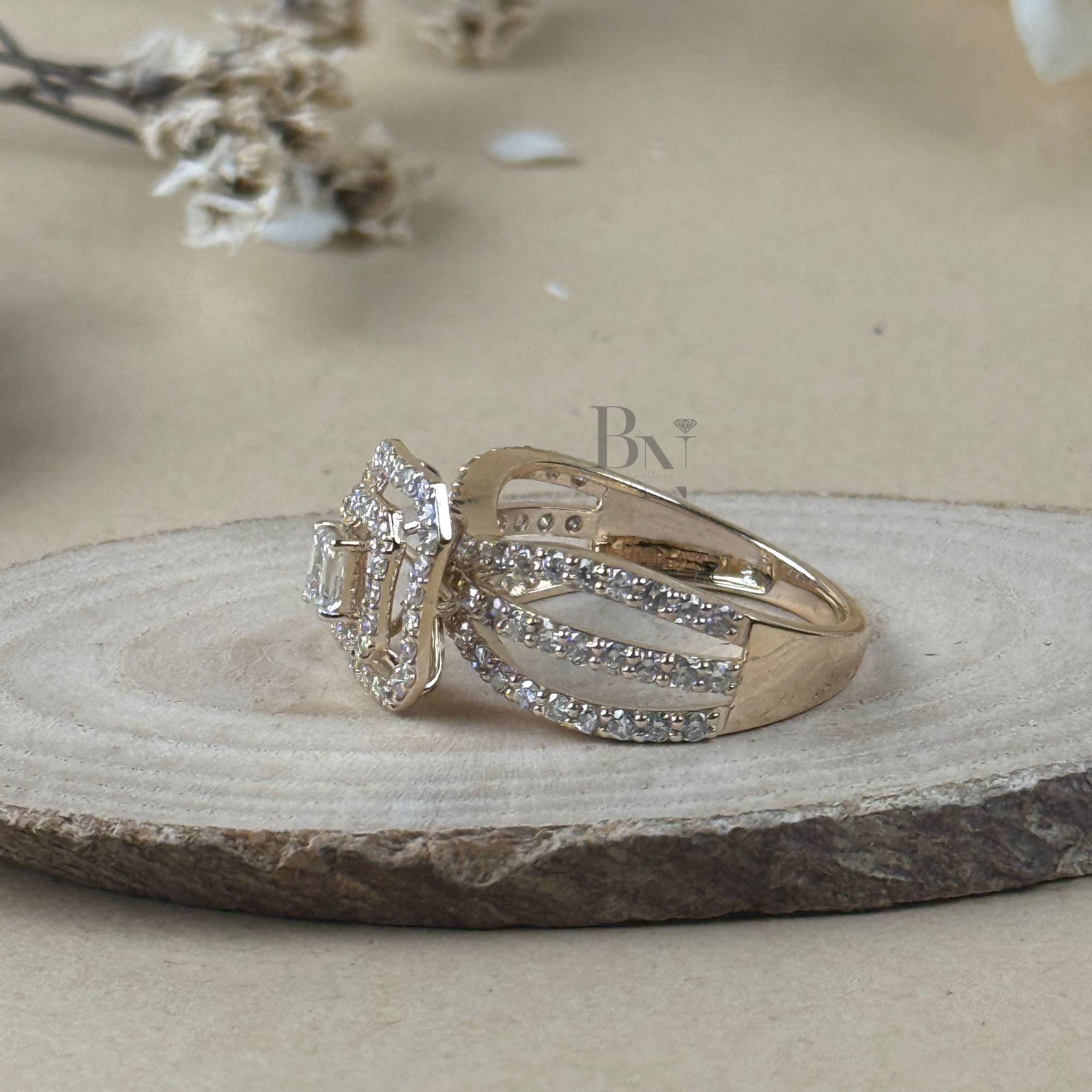 0.5ct Emerald Cut Lab Diamond Engagement Ring | Double Halo 14K Yellow Gold Pavé Band