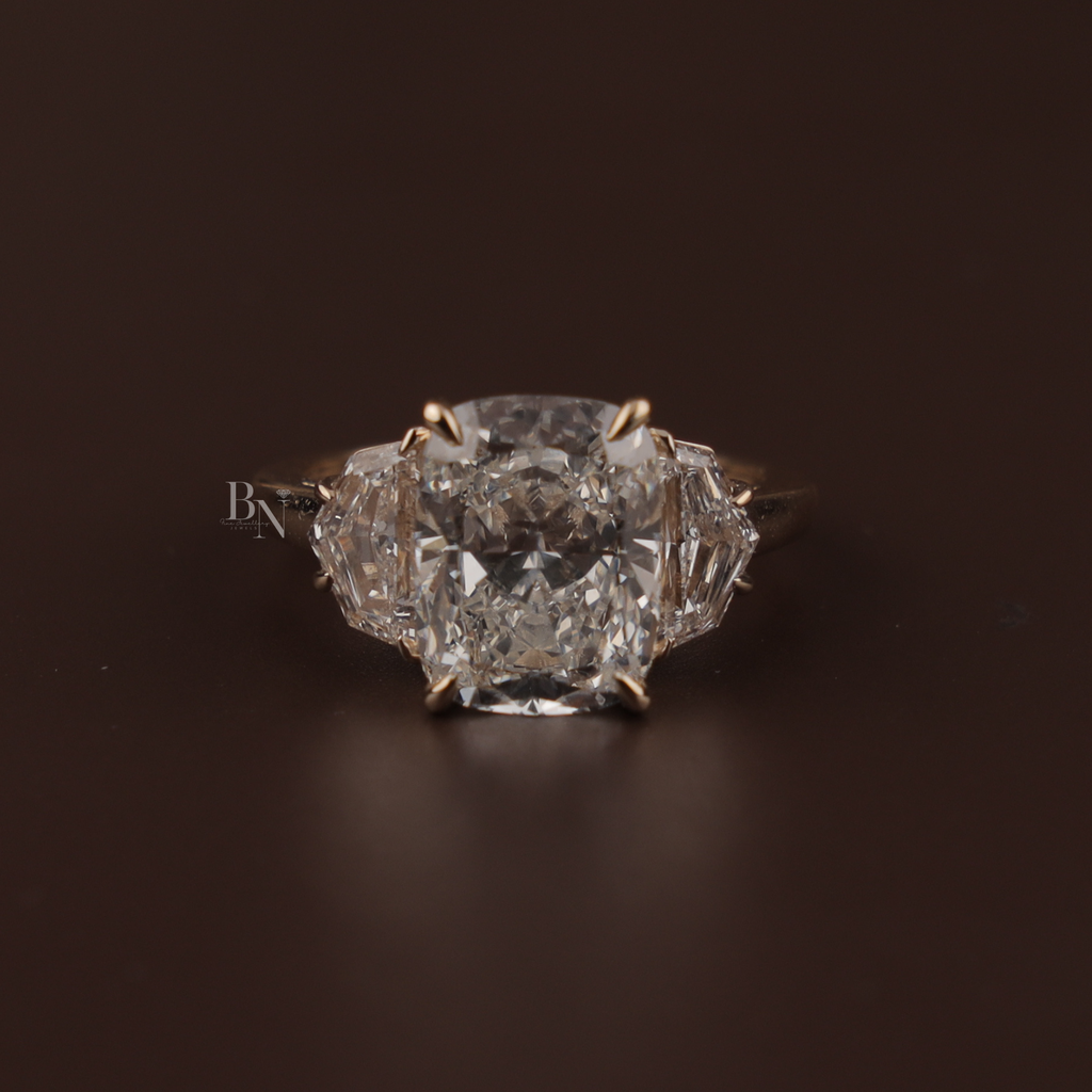 4ct Cushion Cut Lab Grown Diamond Engagement Ring | Three Stone Bridal Ring | 14K Yellow Gold | IGI Certified | Cadillac Side Stones Band