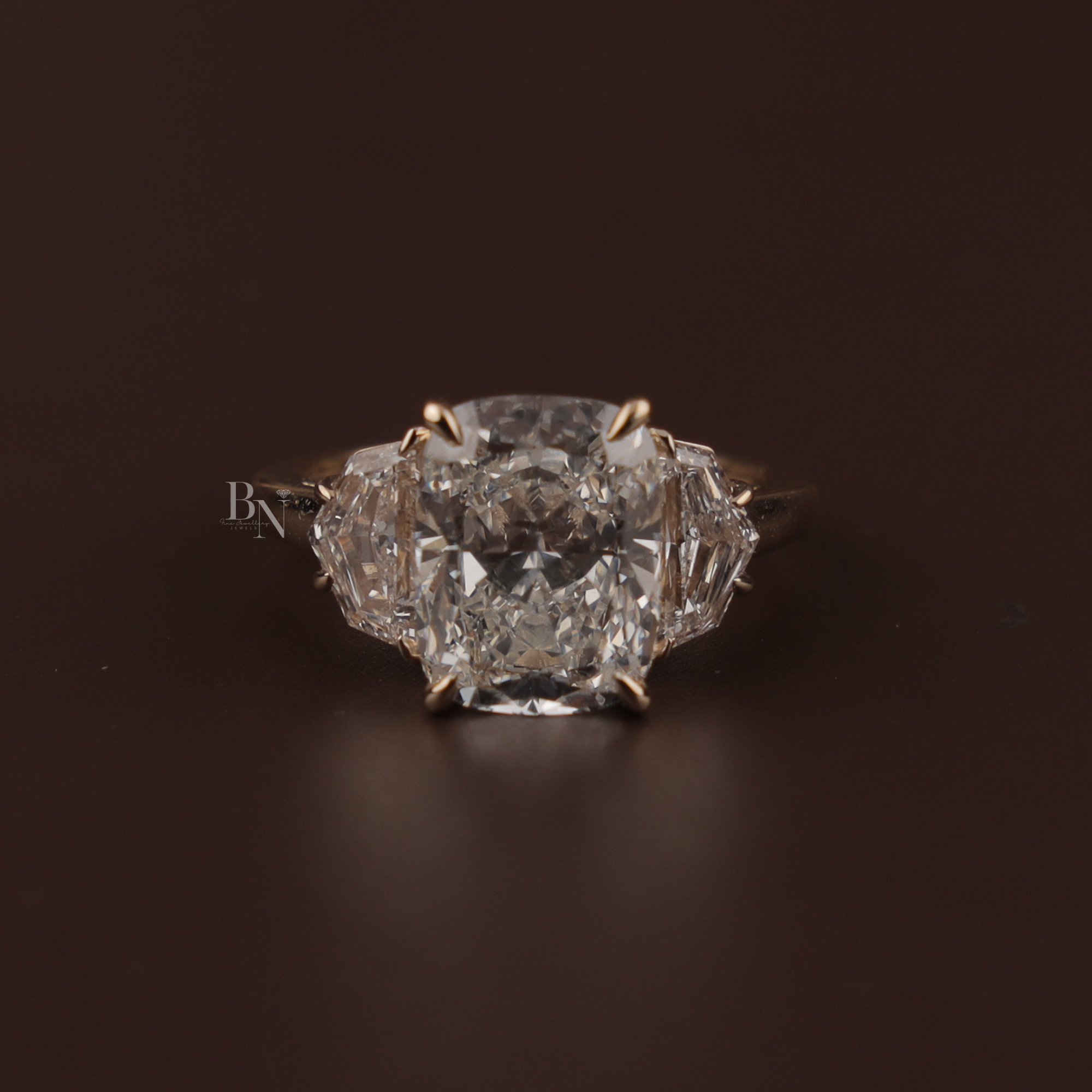 4ct Cushion Cut Lab Grown Diamond Engagement Ring | Three Stone Bridal Ring | 14K Yellow Gold | IGI Certified | Cadillac Side Stones Band