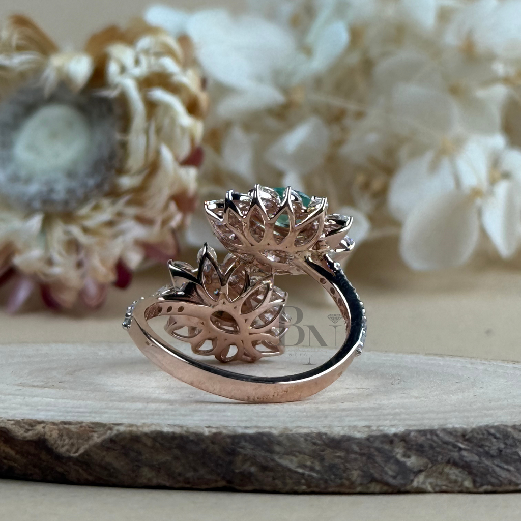 0.50ct Pear Green Emerald & Lab Diamond Toi et Moi Ring | Floral Cluster Two Stone Engagement Ring | 14K Rose Gold Pave Bypass Bridal Band