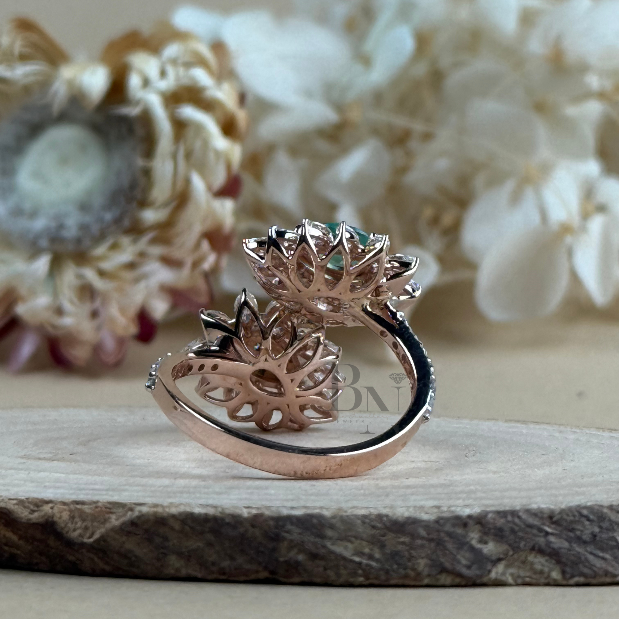 0.50ct Pear Green Emerald & Lab Diamond Toi et Moi Ring | Floral Cluster Two Stone Engagement Ring | 14K Rose Gold Pave Bypass Bridal Band
