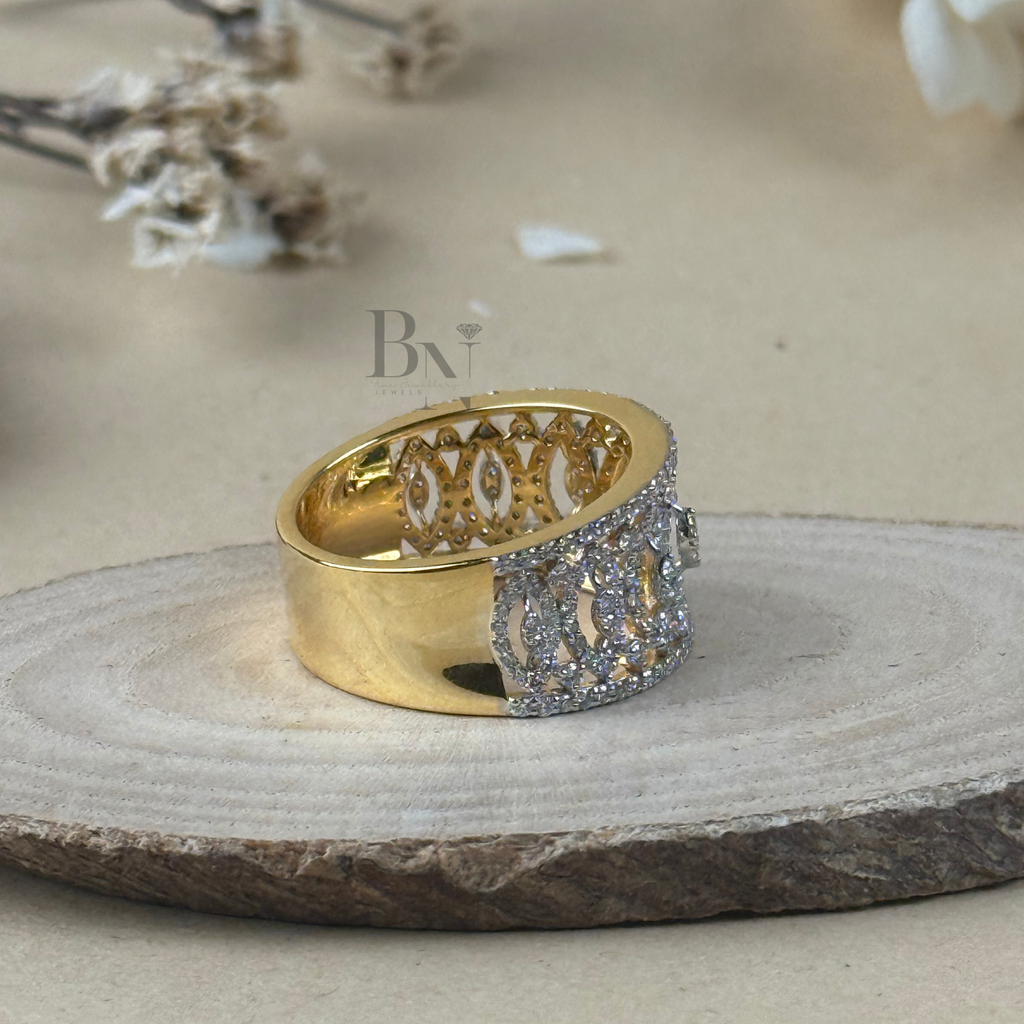 Marquise & Round Lab Grown Diamond Wedding Band | Wide Art Deco Filigree Ring | 14K Yellow Gold Pavé Statement Band | IGI Certified Jewelry