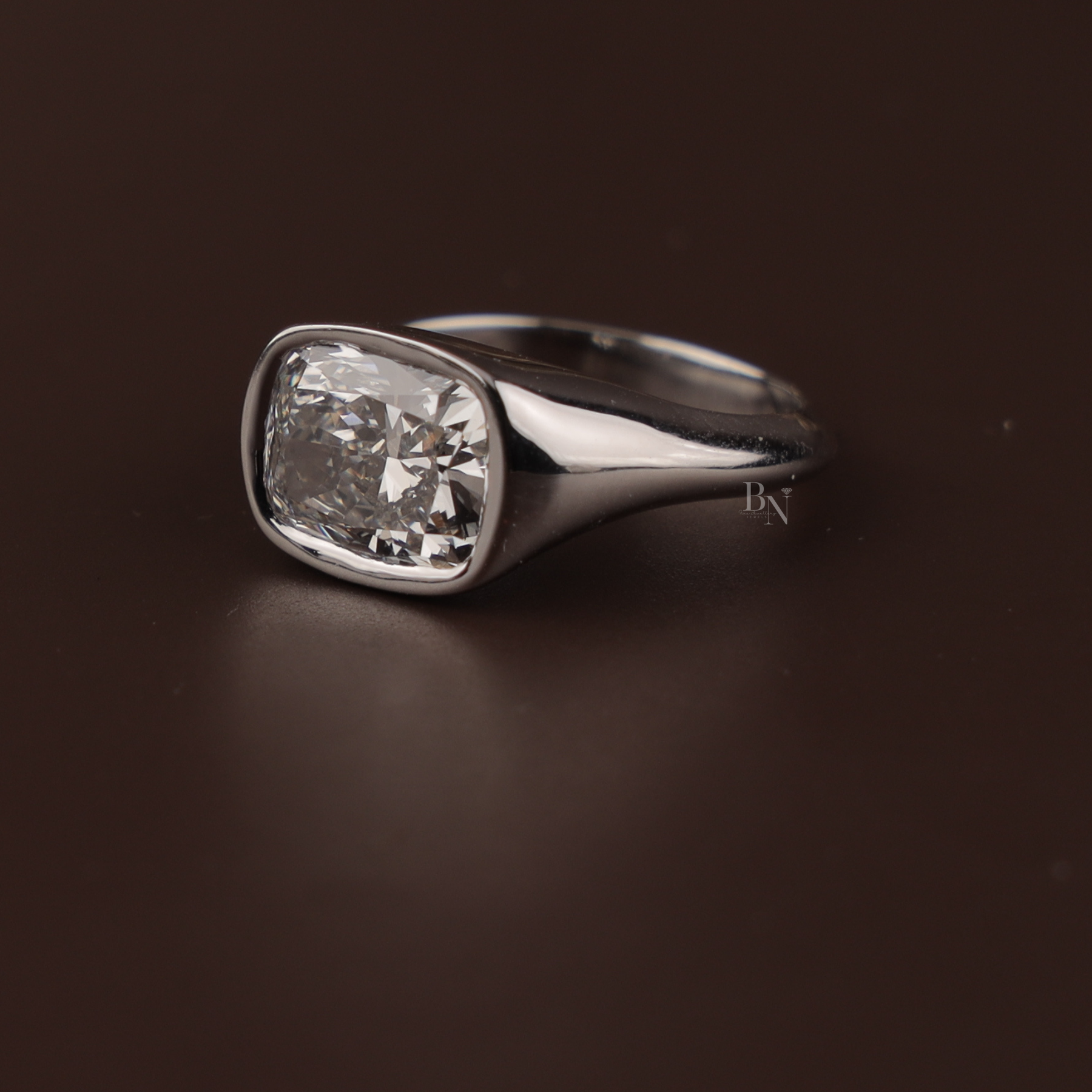 3ct Cushion Lab Grown Diamond Engagement Ring | Modern Bezel Set Pavé Band 14K White Gold