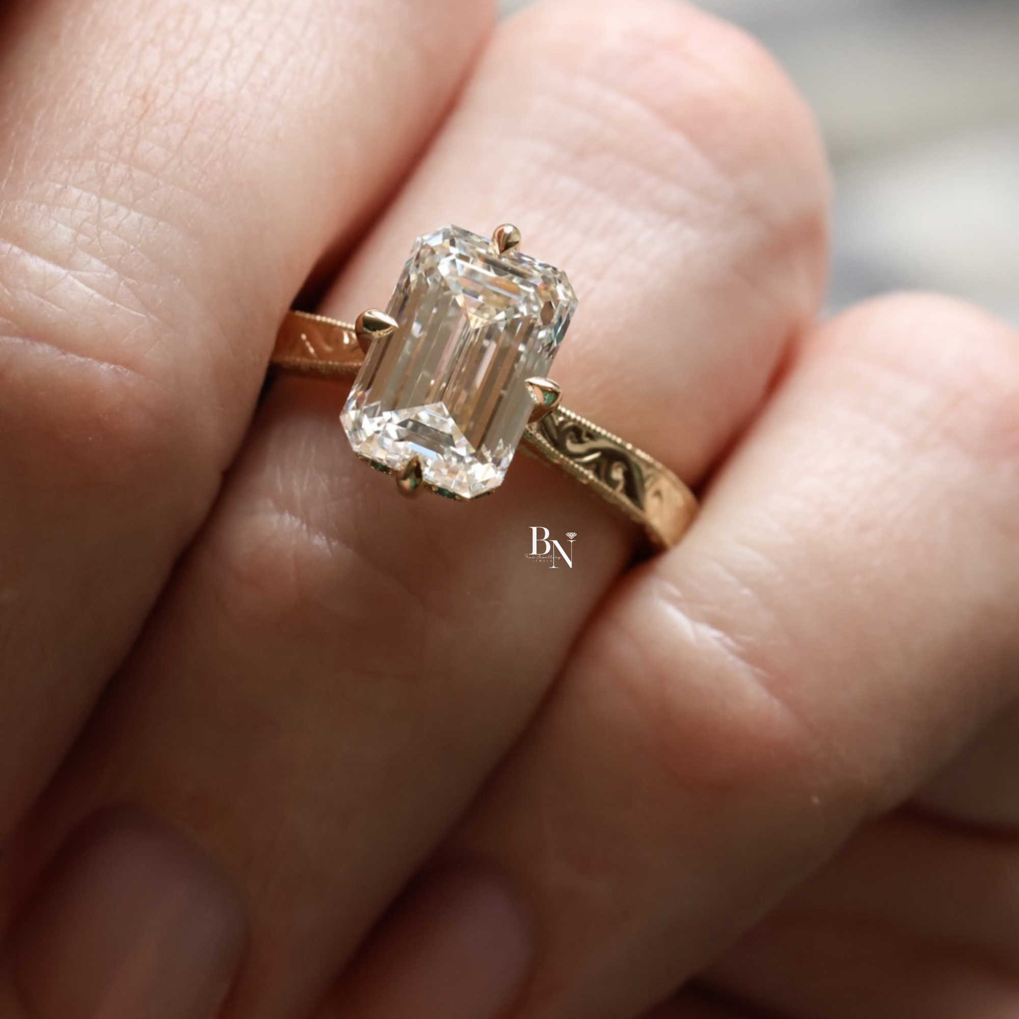 3ct Emerald Cut Lab Grown Diamond Engagement Ring | Vintage Filigree 14k Gold Band | Hidden Emerald Halo | Art Deco Bridal | IGI Certified