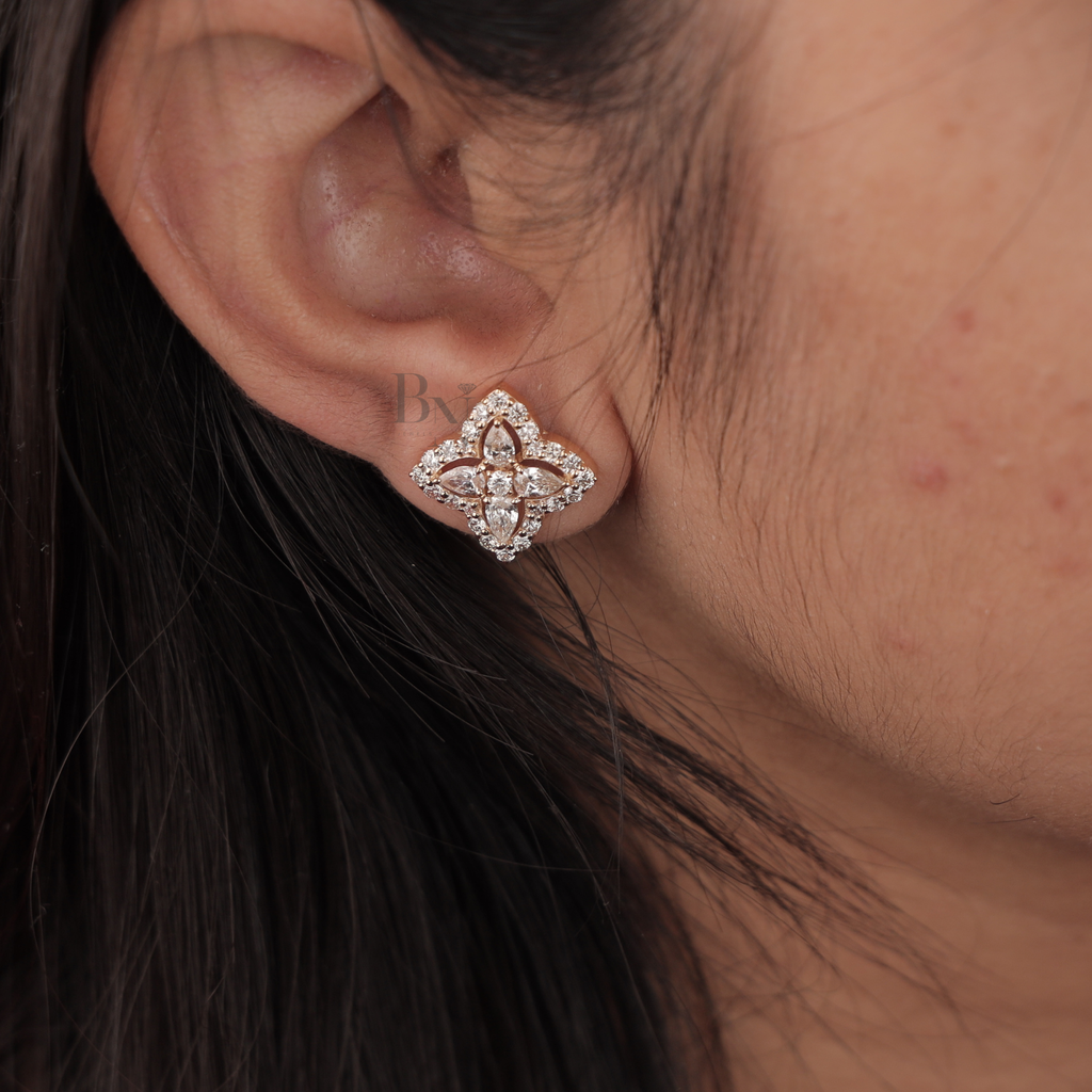 1.75 CTW Flower Lab Grown Diamond Stud Earrings | Pear & Round Cluster Halo Studs | 14K Rose Gold Sparkle Earrings | Unique Wedding Gift | Handmade