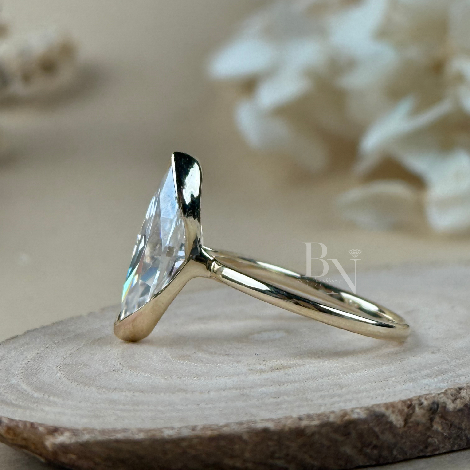 4ct Marquise Lab Grown Diamond Engagement Ring | 14K Yellow Gold Full Bezel Set Solitaire | Type IIa IGI Certified | Elongated Bridal Ring