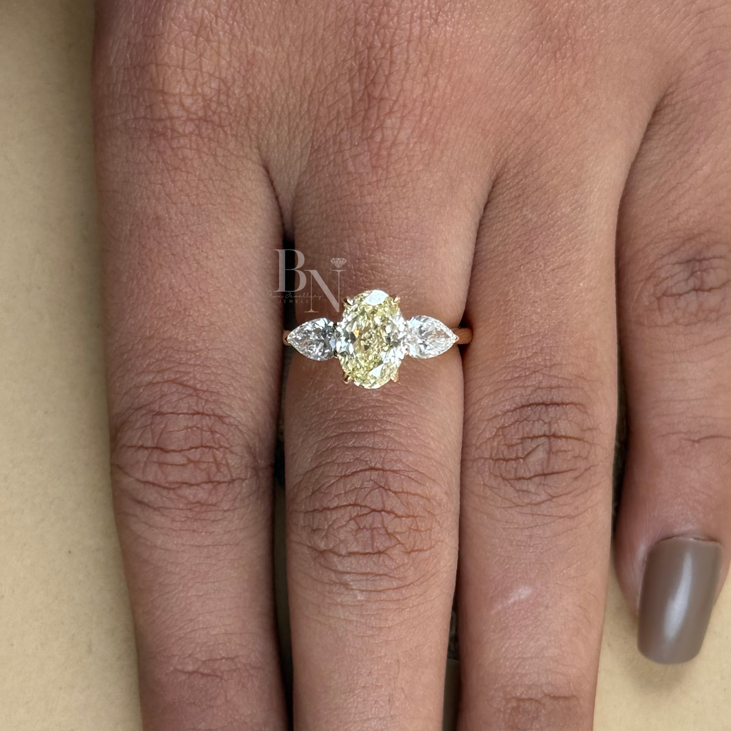 1.8ct Fancy Yellow Oval Lab Diamond Engagement Ring | Pear Side Stones | 14K Gold Three Stone Ring | IGI Certified Oval Cut Bridal Jewelry