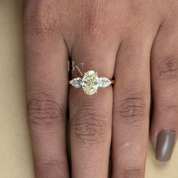 1.8ct Fancy Yellow Oval Lab Grown Diamond Engagement Ring | Pear Side Stones Three Stone 14K Gold