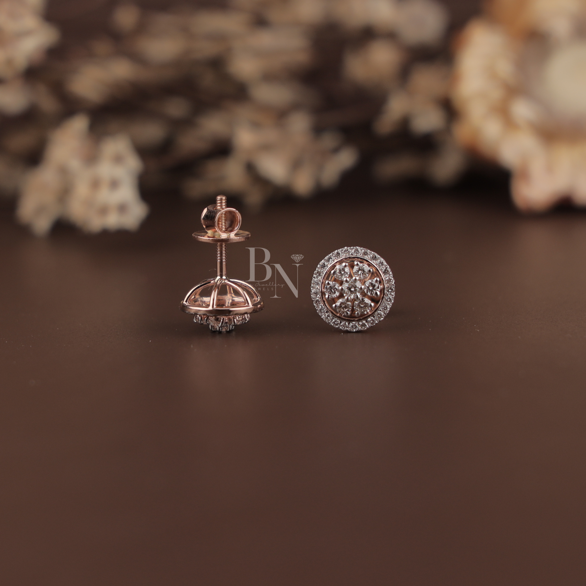 0.45ctw Lab Grown Diamond Halo Stud Earrings | 14K Rose Gold Floral Cluster Earrings | Round Brilliant Diamond Studs | IGI Certified Jewelry