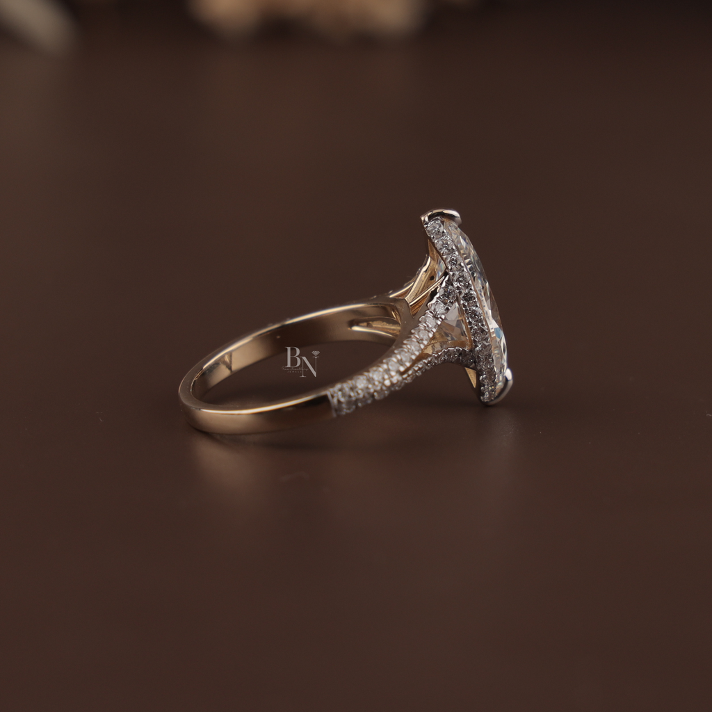 3ct Marquise Lab Grown Diamond Engagement Ring | Hidden Halo Pave Bridal Ring | 14K Yellow Gold Split Shank | IGI Certified | Promise Ring