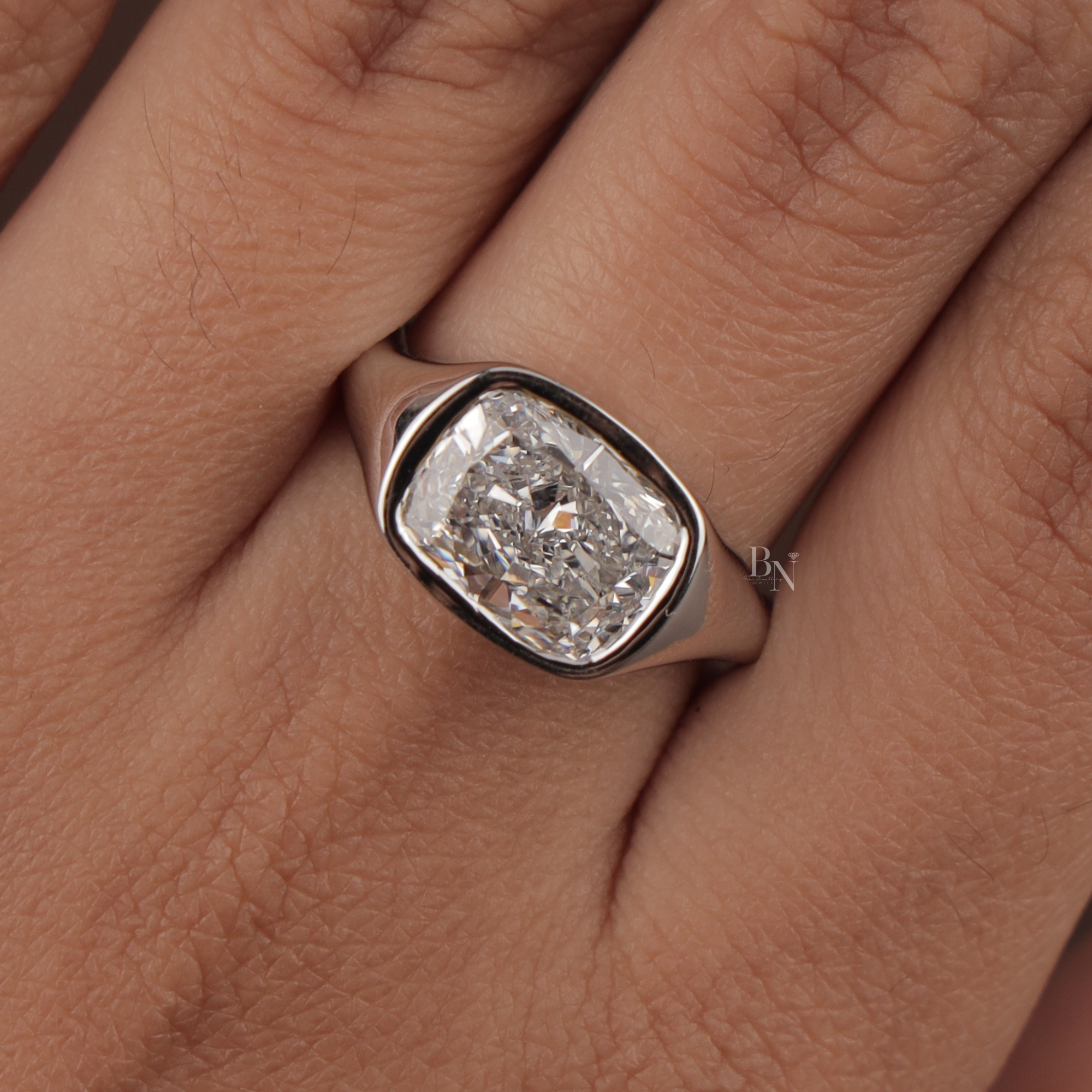 3.00 CT Cushion Lab Grown Diamond Engagement Ring | Modern Bezel Set Ring | 14K White Gold Pave Band | IGI Certified | Bold Statement Ring
