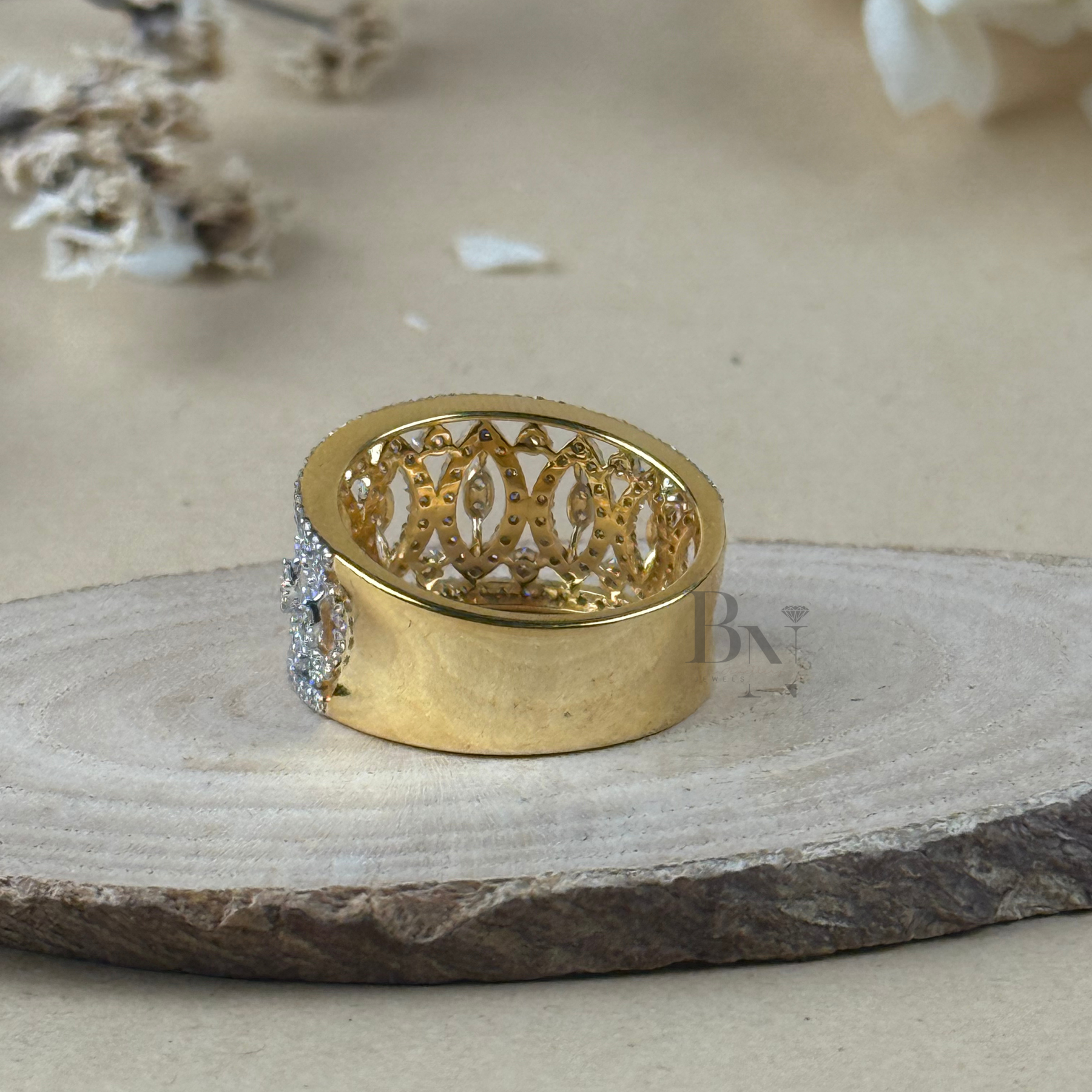 Marquise Round Lab Grown Diamond Wedding Band | Wide Art Deco Filigree Pavé Statement Band 14K Yellow Gold