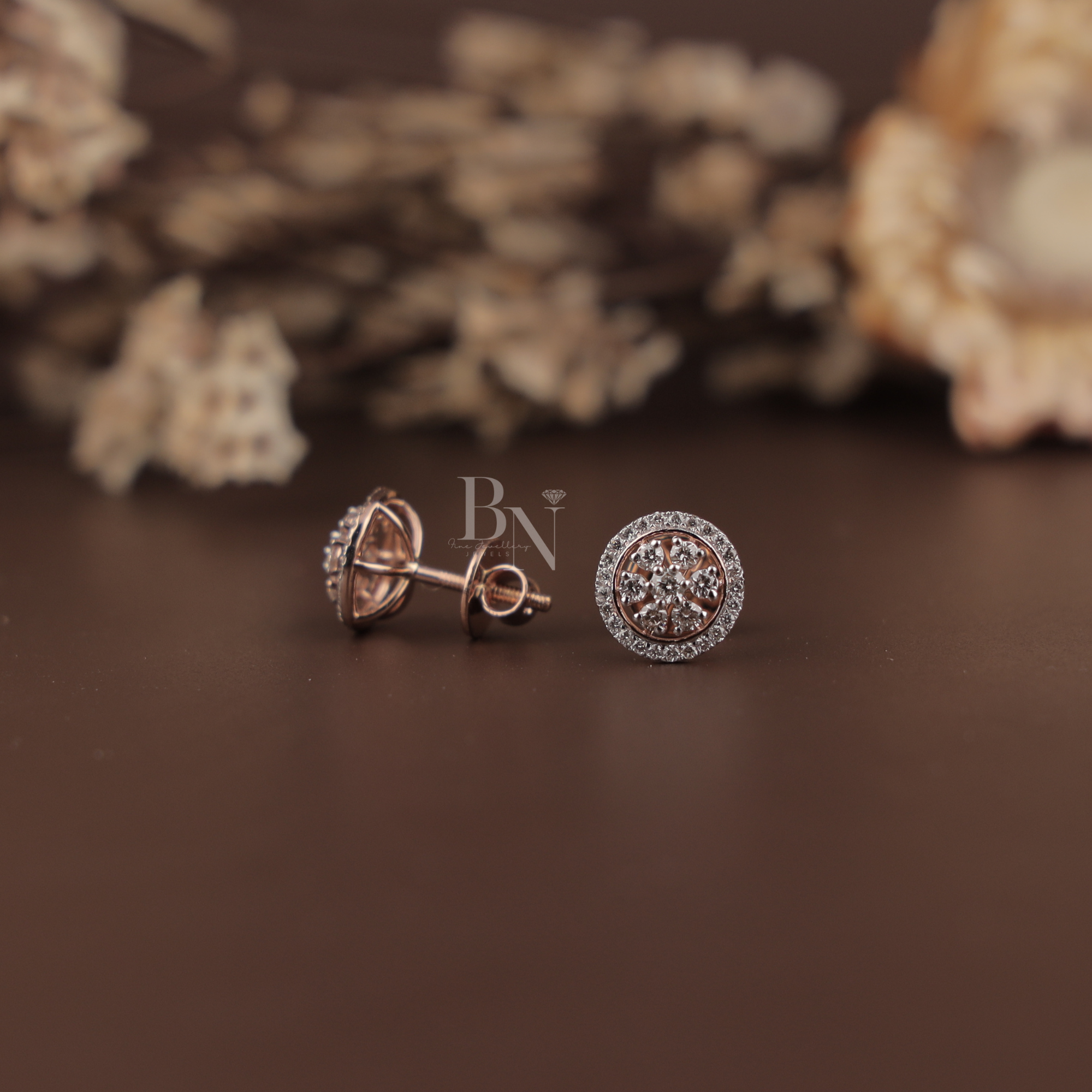 0.45ctw Lab Grown Diamond Halo Stud Earrings | 14K Rose Gold Floral Cluster Earrings | Round Brilliant Diamond Studs | IGI Certified Jewelry