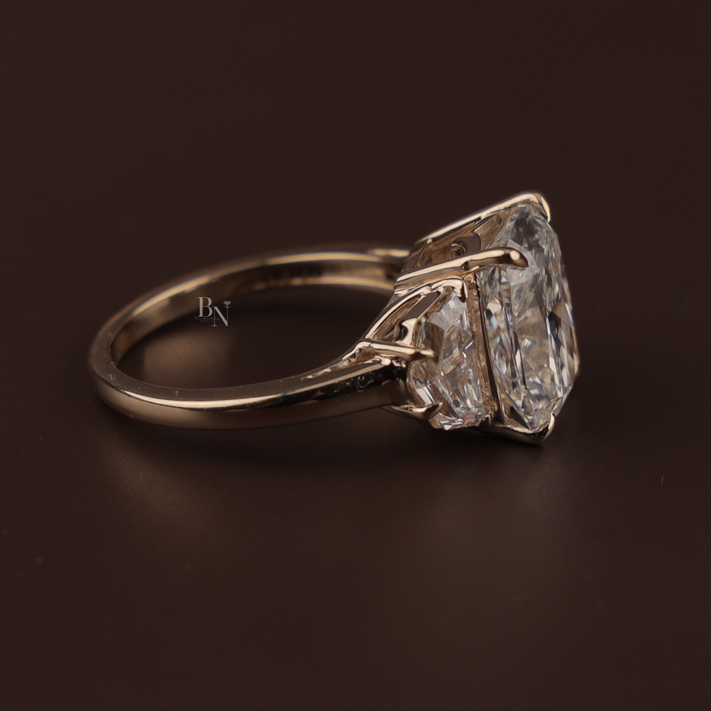 4ct Cushion Cut Lab Grown Diamond Engagement Ring | Three Stone Bridal Ring | 14K Yellow Gold | IGI Certified | Cadillac Side Stones Band
